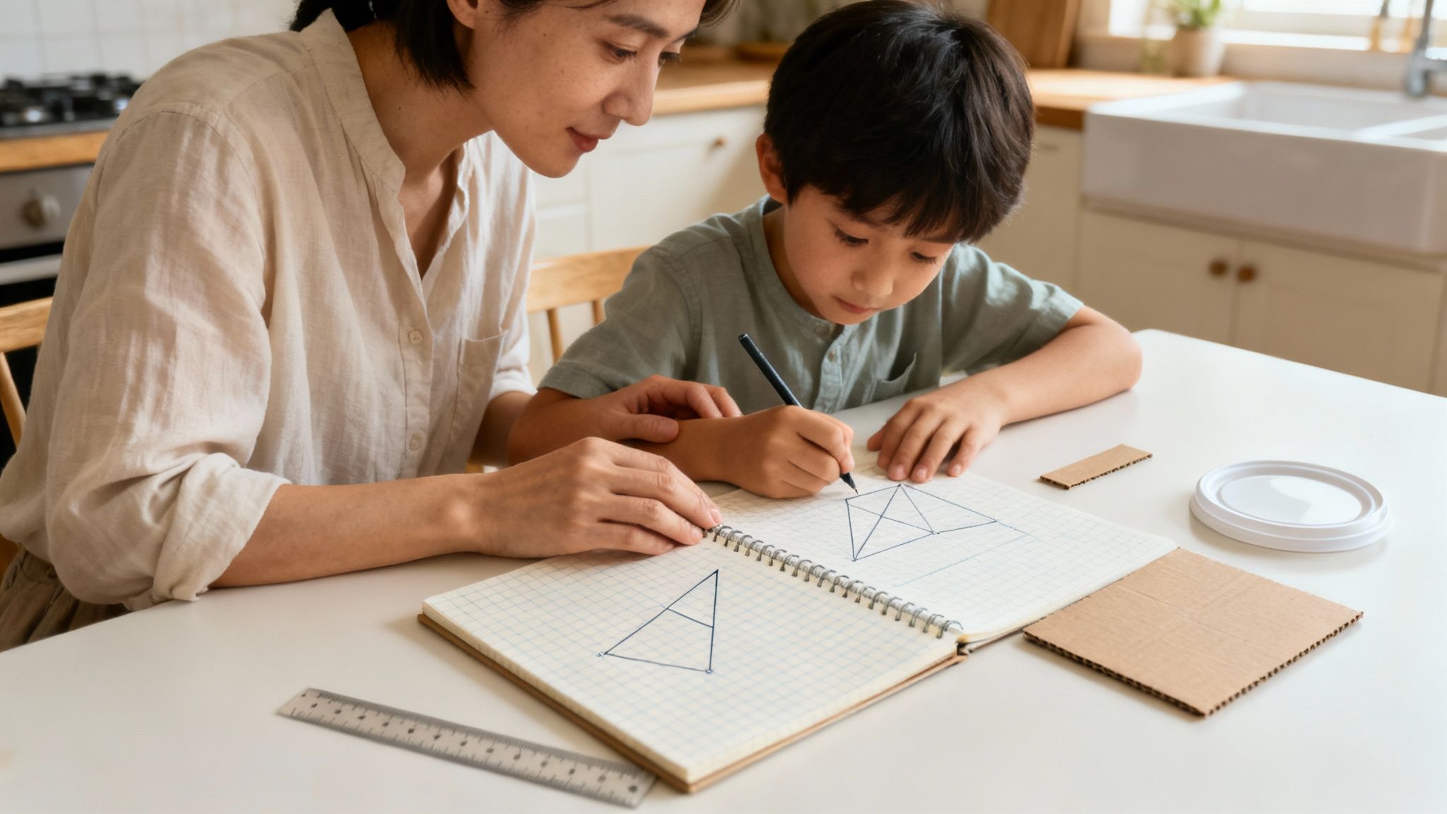 Une femme et un enfant dessinent des formes géométriques dans un cahier quadrillé, apprenant la géométrie.