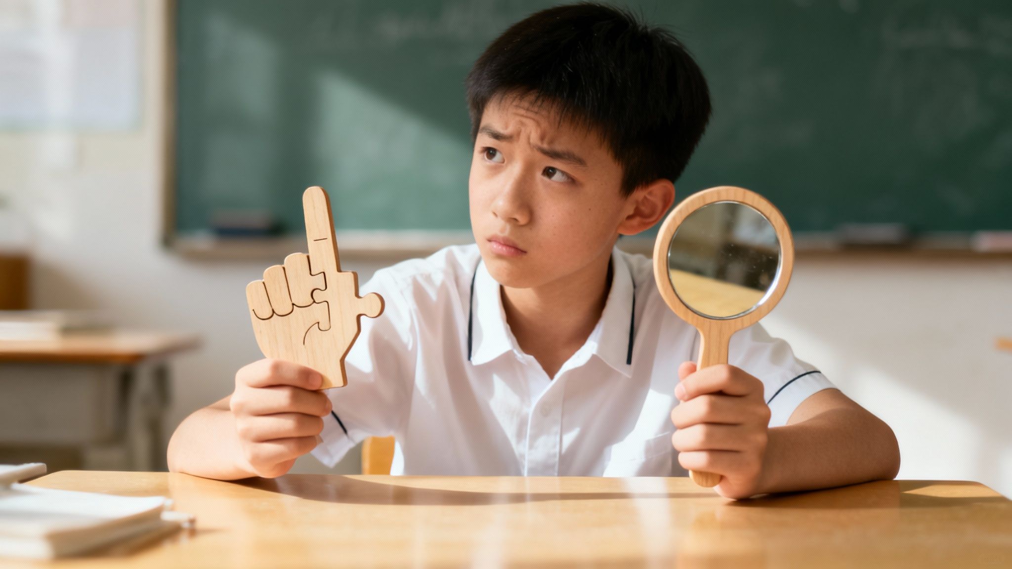 Un jeune écolier pensif examine un miroir et une pièce de puzzle en forme de doigt dans une salle de classe.
