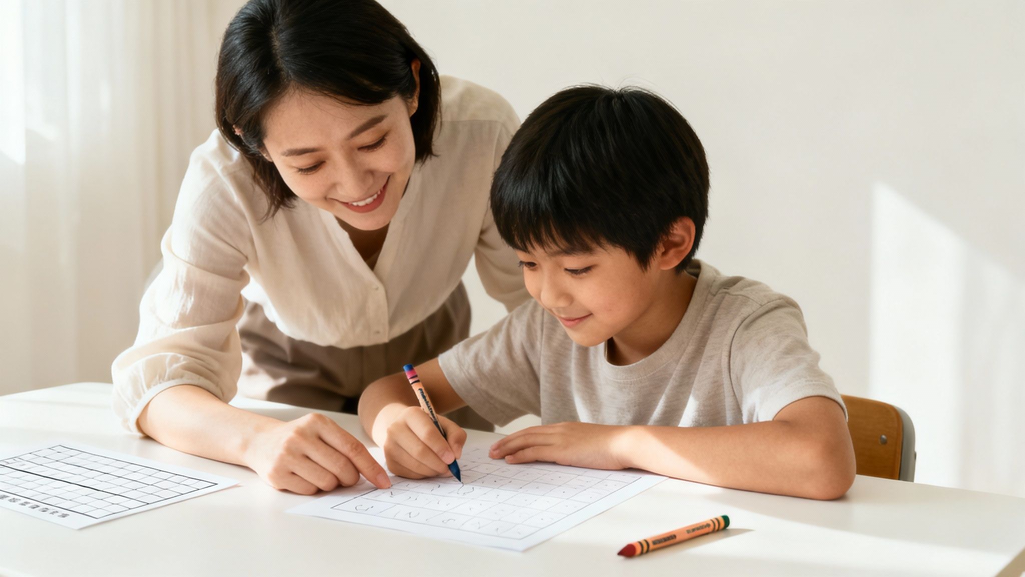 Mère souriante aidant son fils avec ses devoirs de mathématiques à la maison
