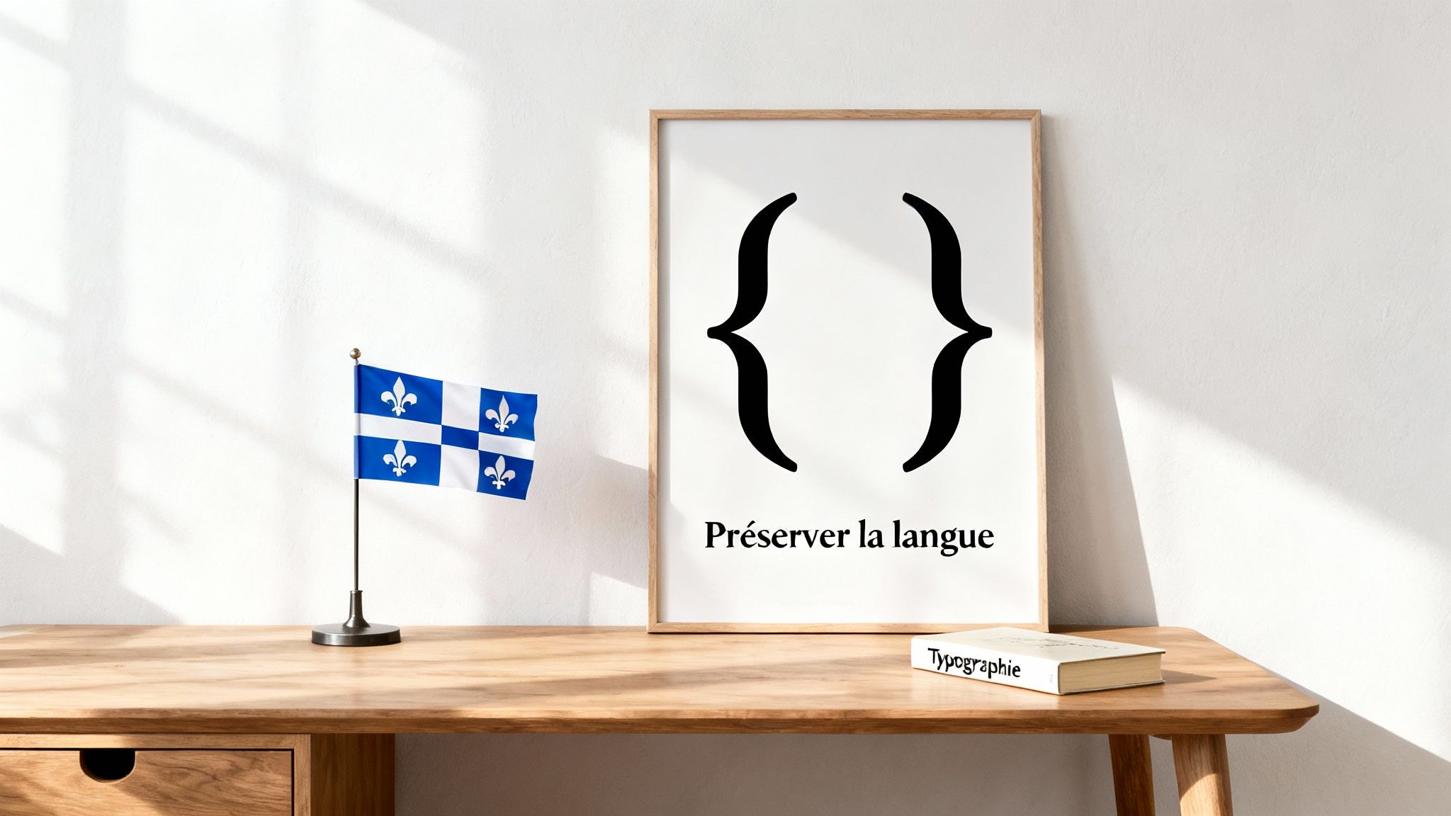 Drapeau du Québec, affiche encadrée « Préserver la langue » avec accolades, et livre de typographie sur table en bois.