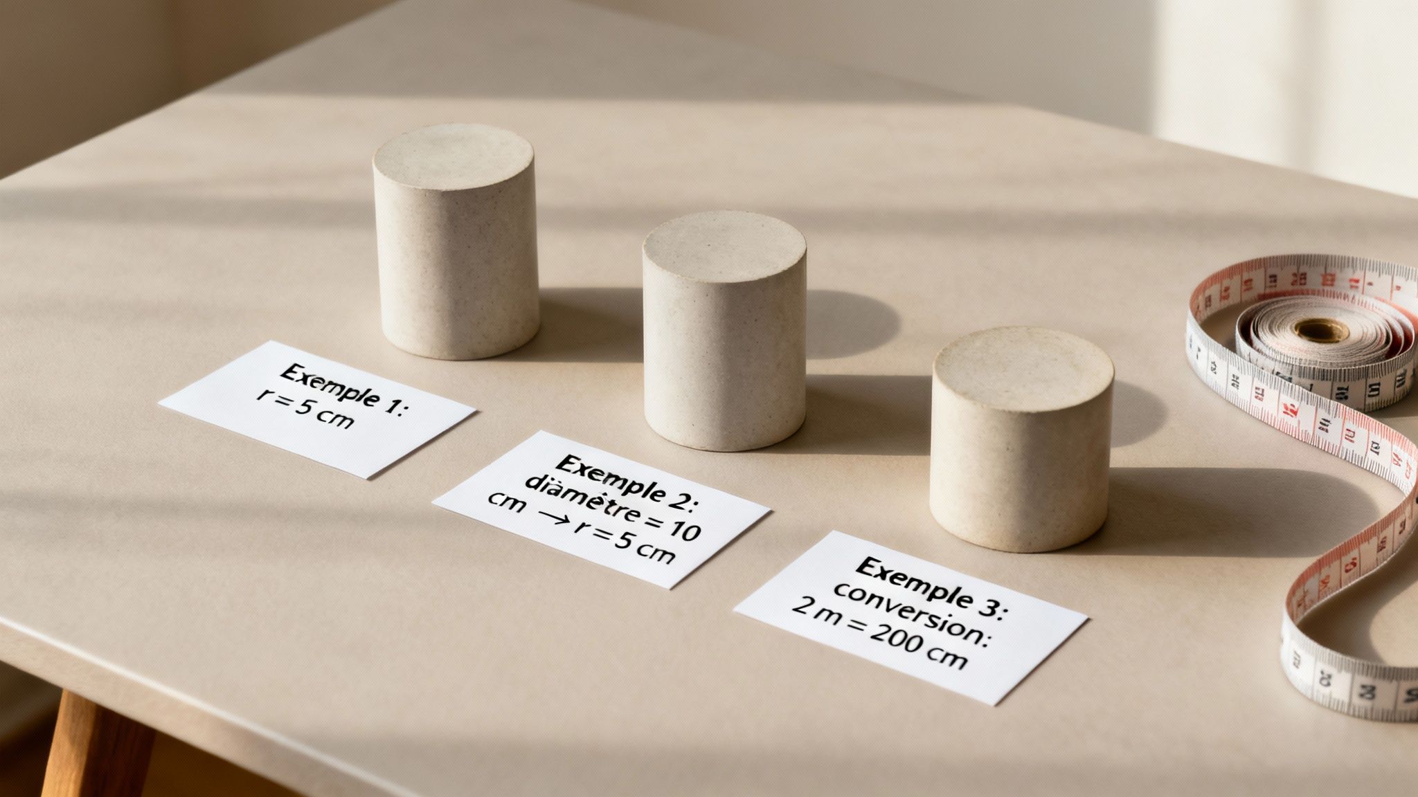 Trois cylindres, des fiches d'exemples de calculs (rayon, diamètre, conversion) et un mètre ruban, illustrant des concepts géométriques.