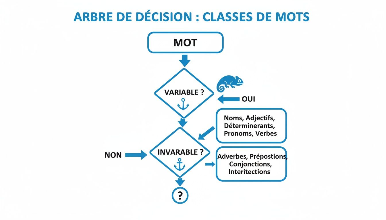 Un arbre de décision détaillant la classification des mots français en catégories variables et invariables.