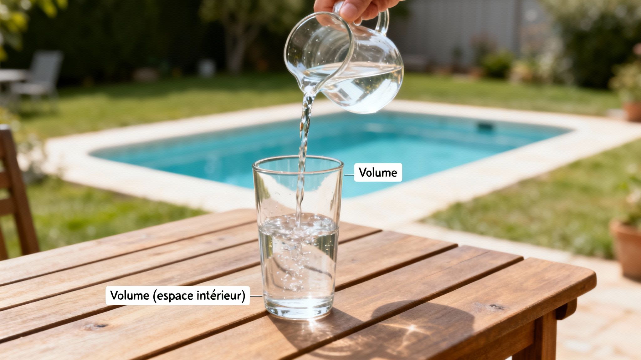 Une main verse de l'eau d'une carafe dans un verre sur une table en bois, illustrant le concept de volume.