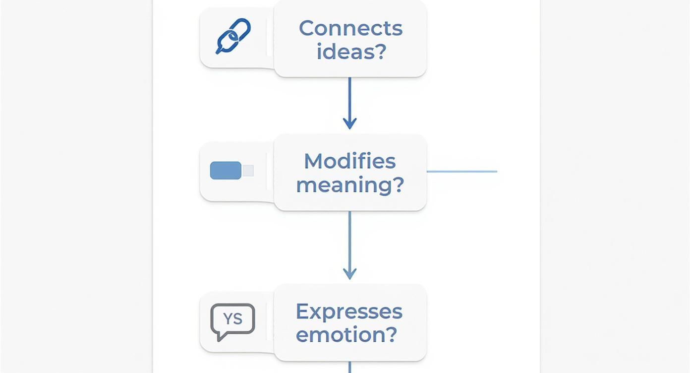 Diagramme de flux montrant des questions liées à la connexion d'idées, la modification du sens et l'expression d'émotion.