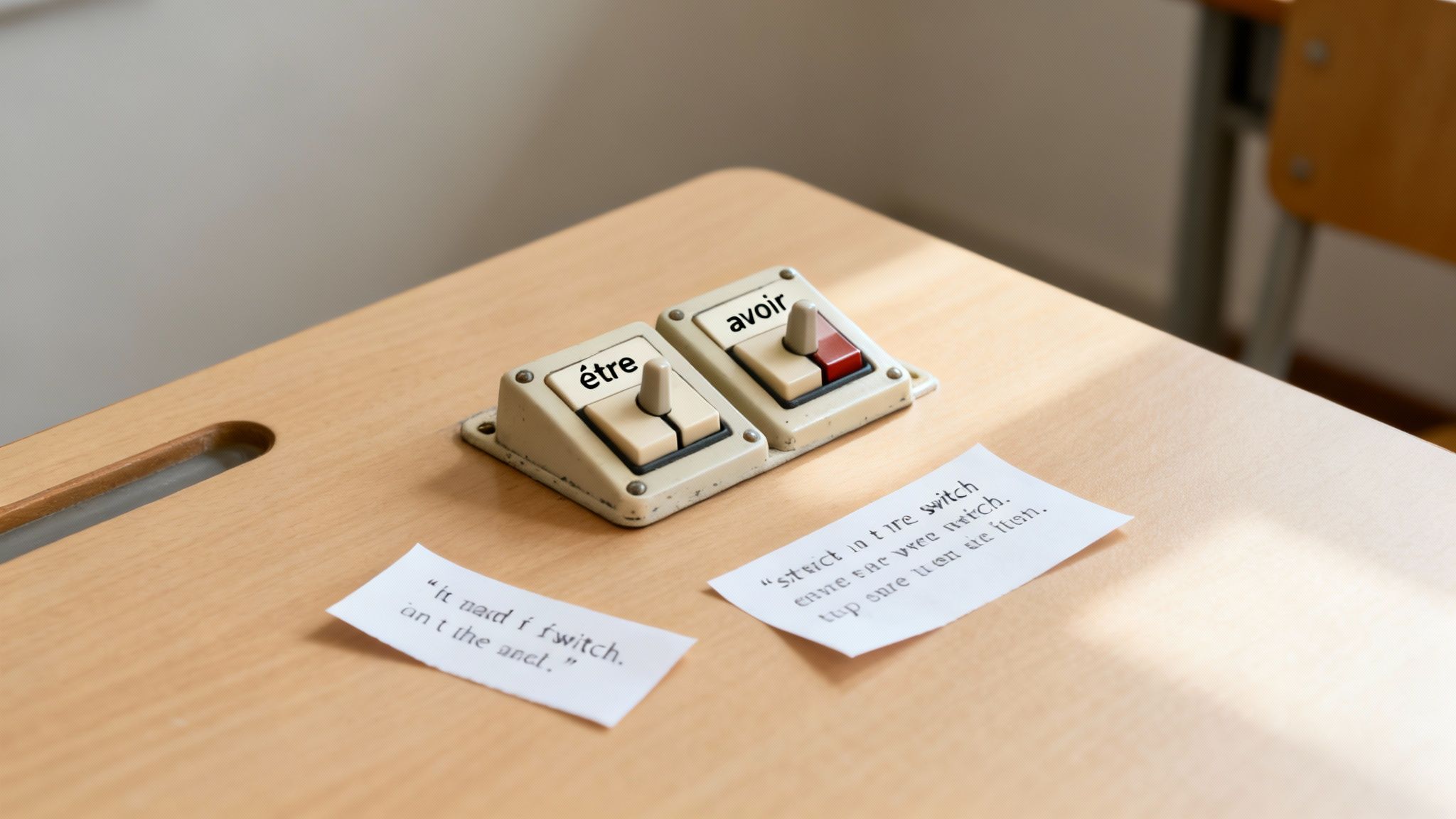 Deux interrupteurs 'être' et 'avoir' sur un bureau en bois avec des notes manuscrites, évoquant un exercice de grammaire française.