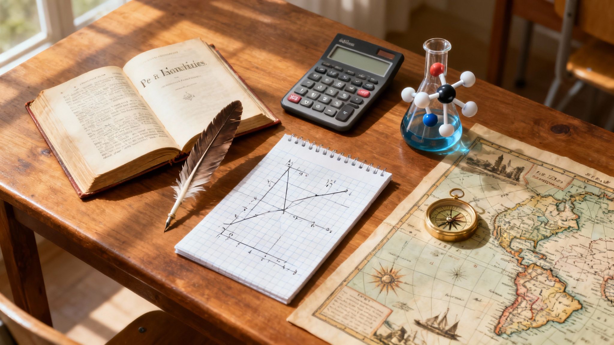 Une pile de livres et de cahiers ouverts sur un bureau, symbolisant l'étude de différentes matières scolaires.