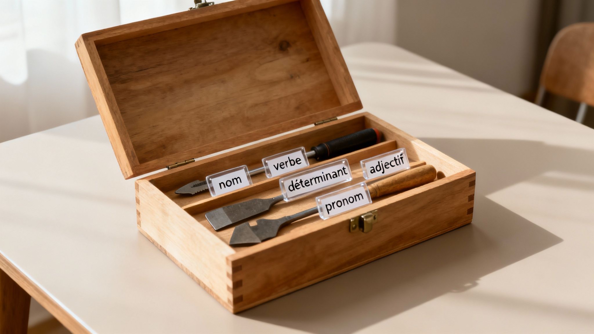 Une boîte en bois ouverte contenant des outils étiquetés avec des classes de mots français comme nom, verbe, adjectif, déterminant et pronom.