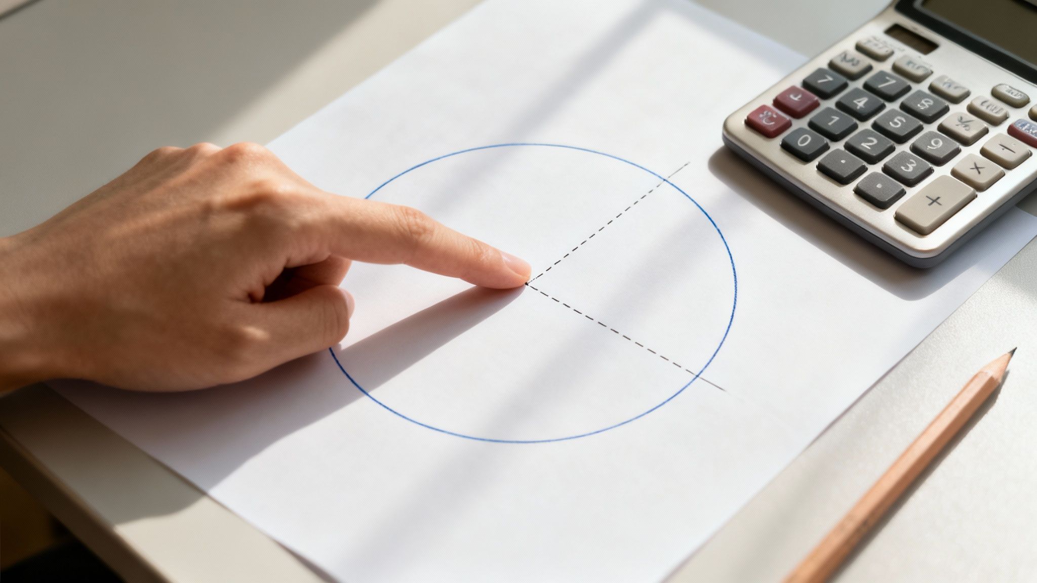 Main pointant le centre d'un cercle avec des axes sur une feuille, à côté d'une calculatrice et d'un crayon.