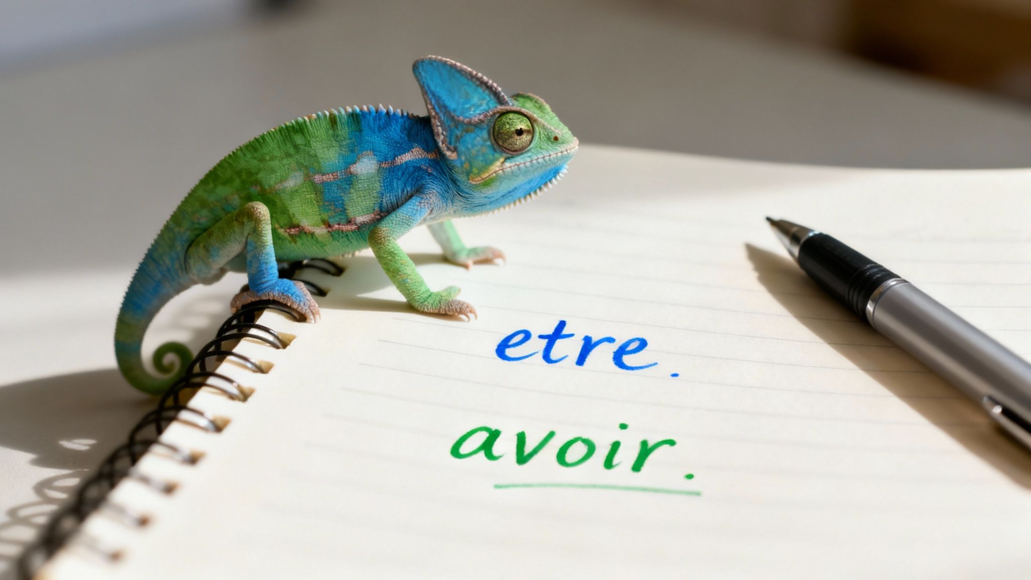 Un caméléon coloré est posé sur un cahier ouvert, avec les verbes français 'être' et 'avoir' écrits.