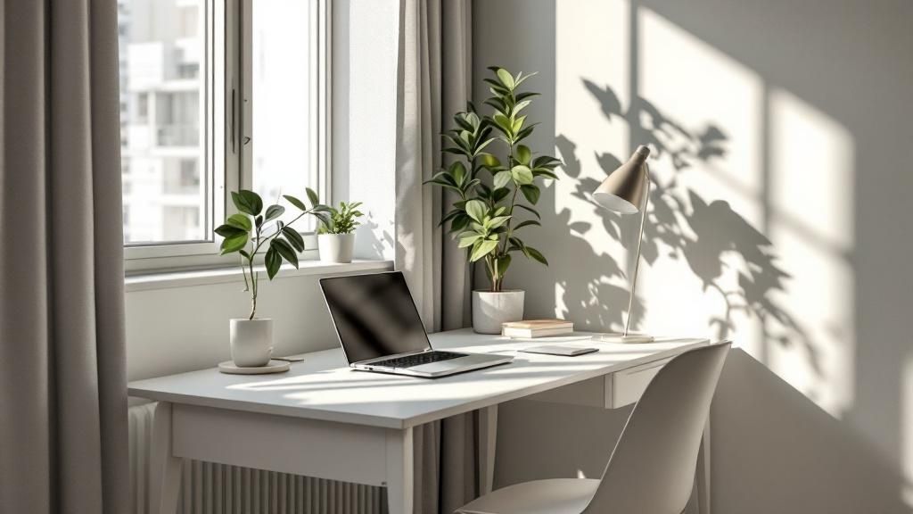 Un bureau minimaliste avec beaucoup de lumière naturelle
