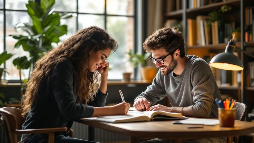 Un tuteur souriant aide un jeune élève à son bureau, créant une atmosphère d'apprentissage positive.
