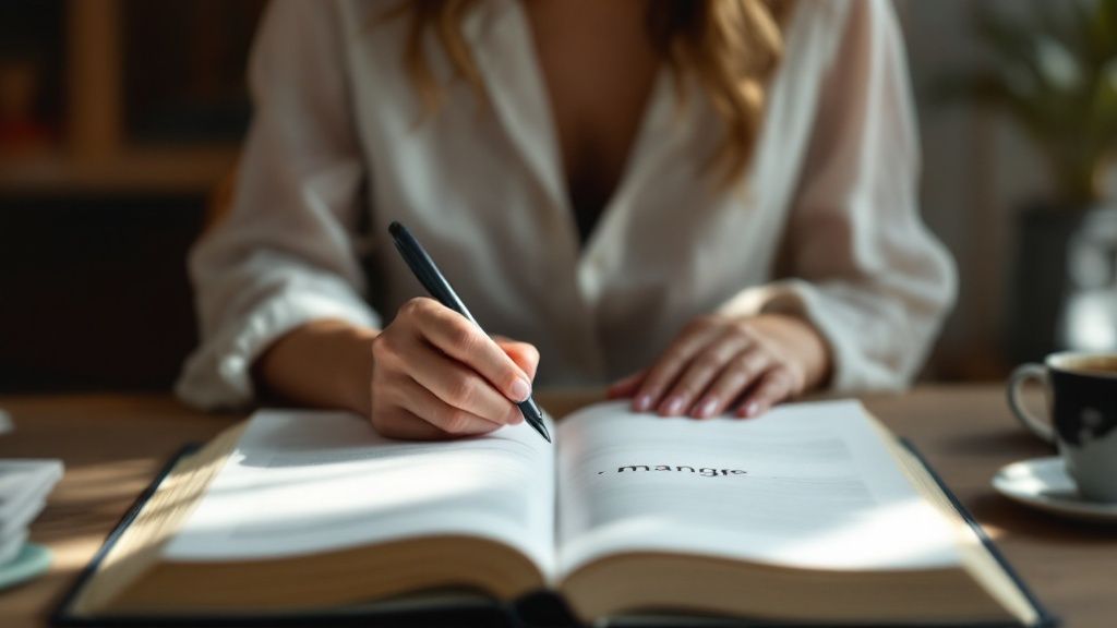 Femme écrivant dans un cahier avec un stylo