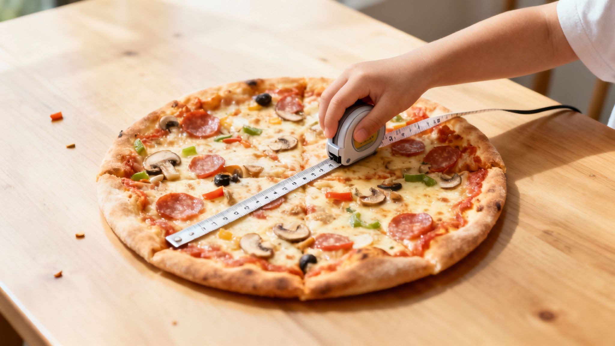 Une main d'enfant mesure une grande pizza garnie de pepperoni, champignons et poivrons avec un mètre ruban sur une table en bois.