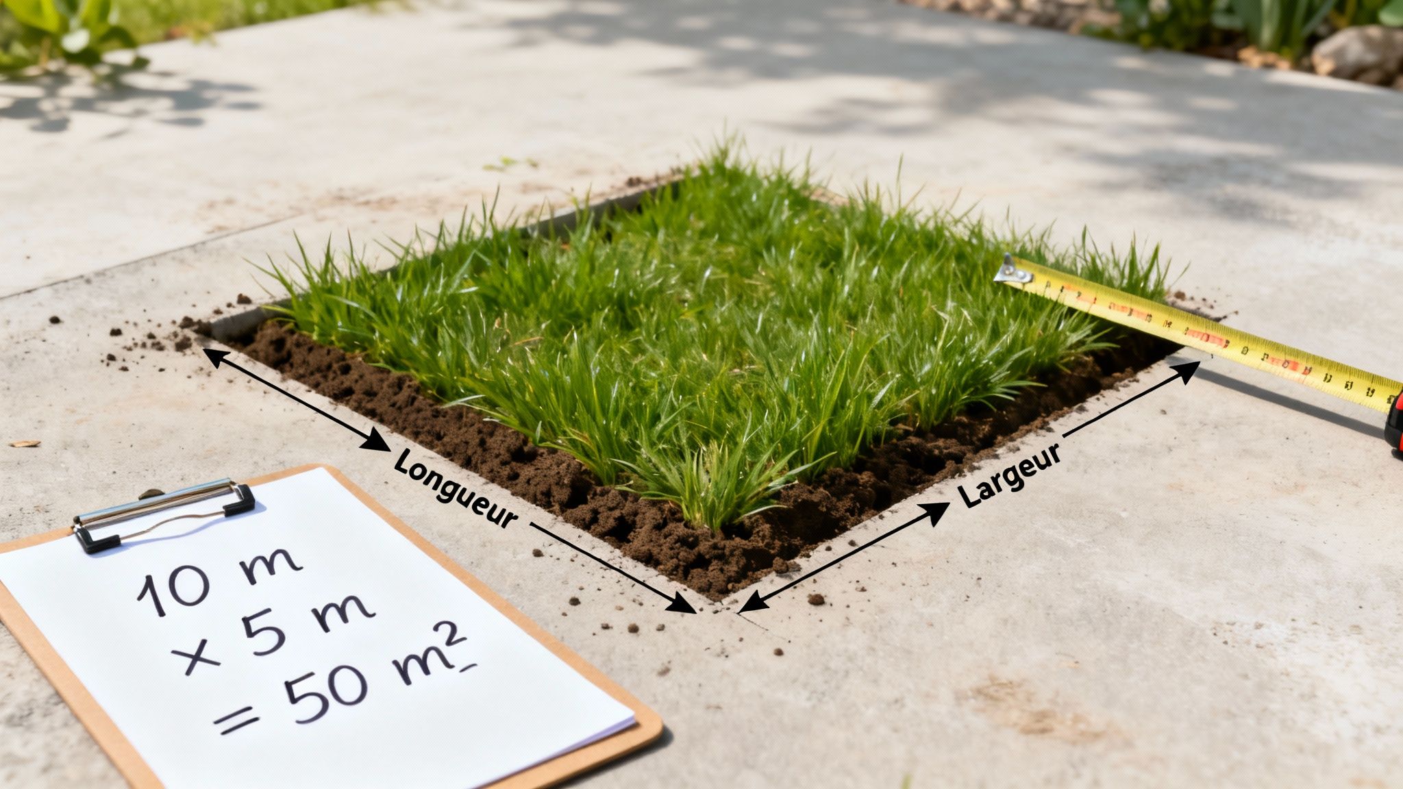 Mesure d'une parcelle d'herbe avec un mètre, montrant le calcul de l'aire d'un rectangle.