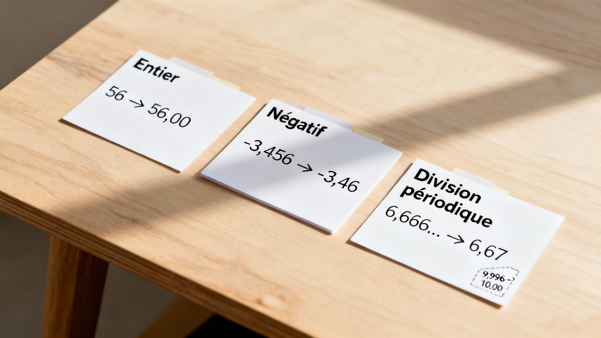 Trois cartes sur une table en bois illustrent l'arrondi de nombres entiers, négatifs et périodiques au centième.