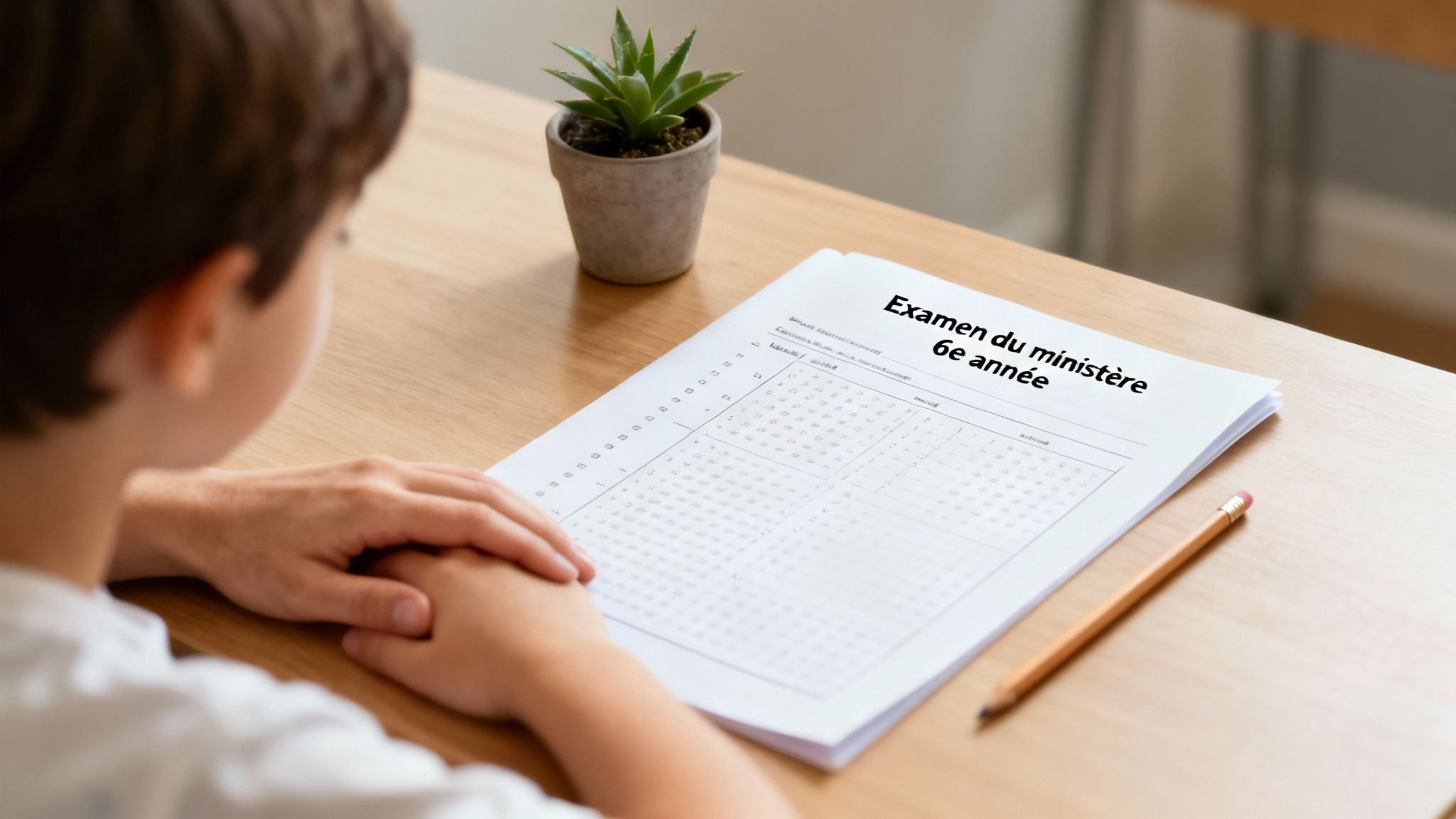 Un jeune élève passe un examen du ministère pour la 6e année, concentré sur son devoir.