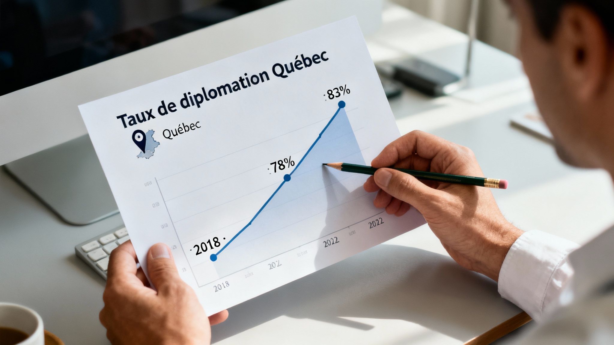 Un homme analyse un graphique affichant le taux de diplomation au Québec, qui a augmenté de 2018 à 2022, atteignant 83%.