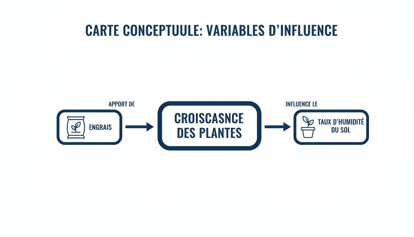 Carte conceptuelle des variables d'influence : l'engrais stimule la croissance des plantes, impactant l'humidité du sol.