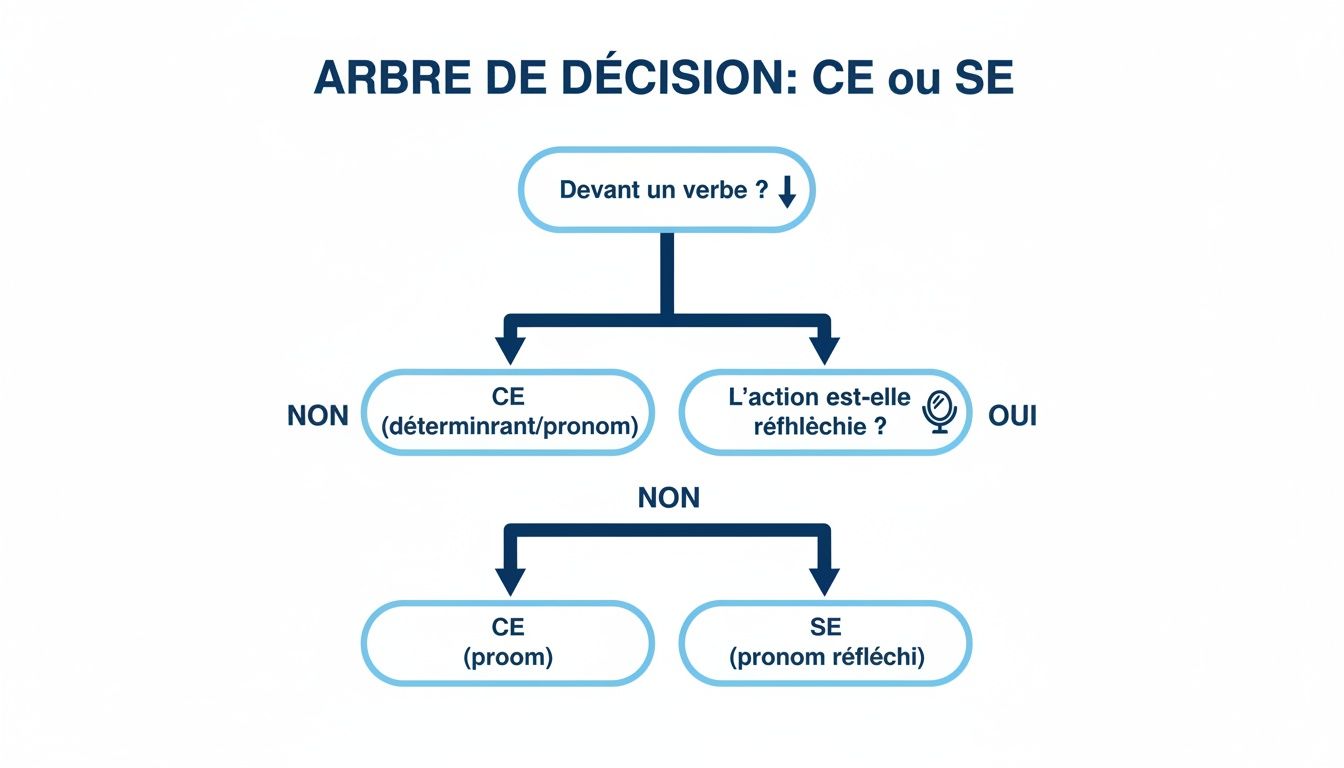 Ce diagramme aide à choisir entre les homophones CE et SE en français.