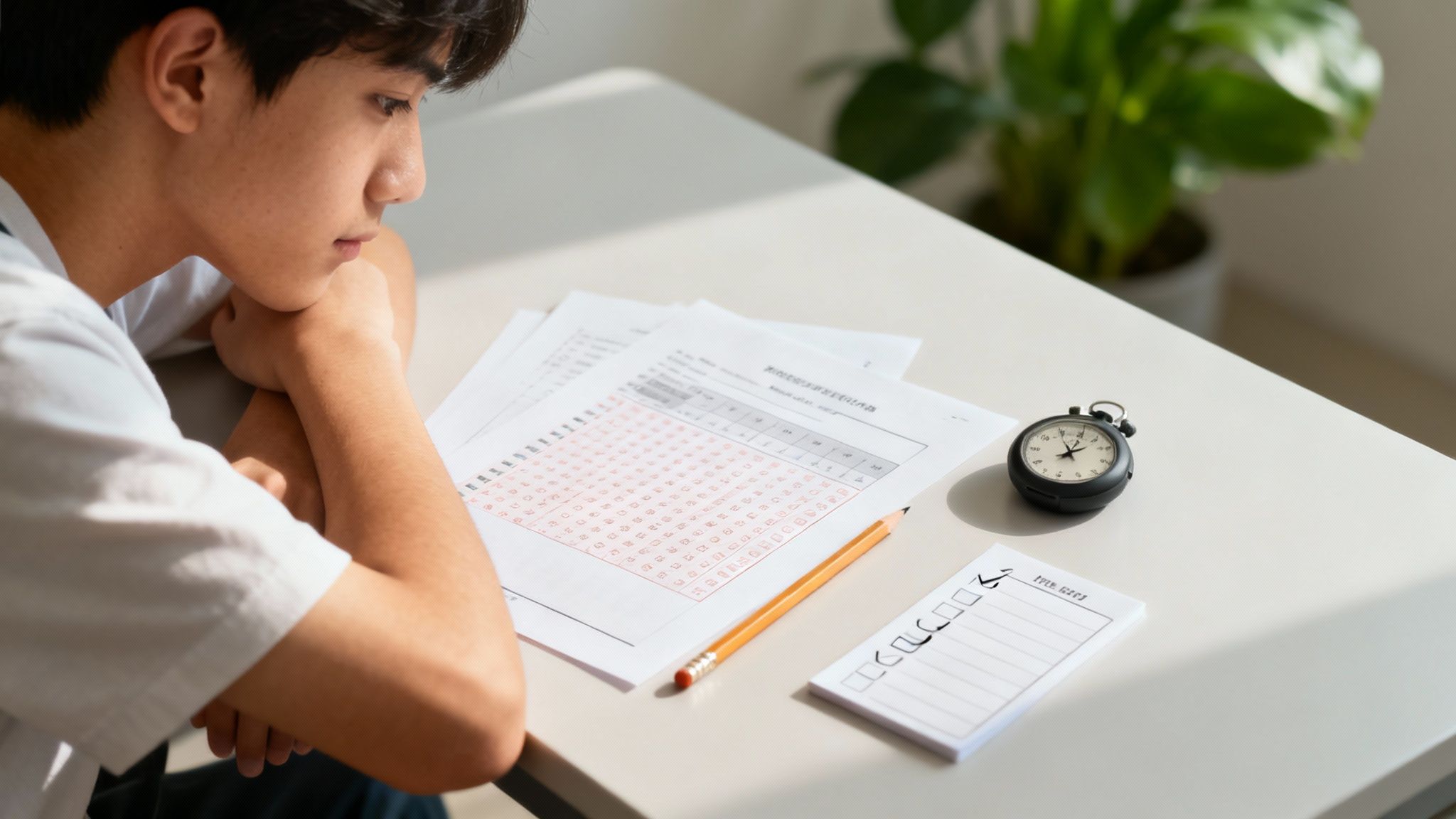 Un élève se concentre sur ses cahiers pour préparer son examen.