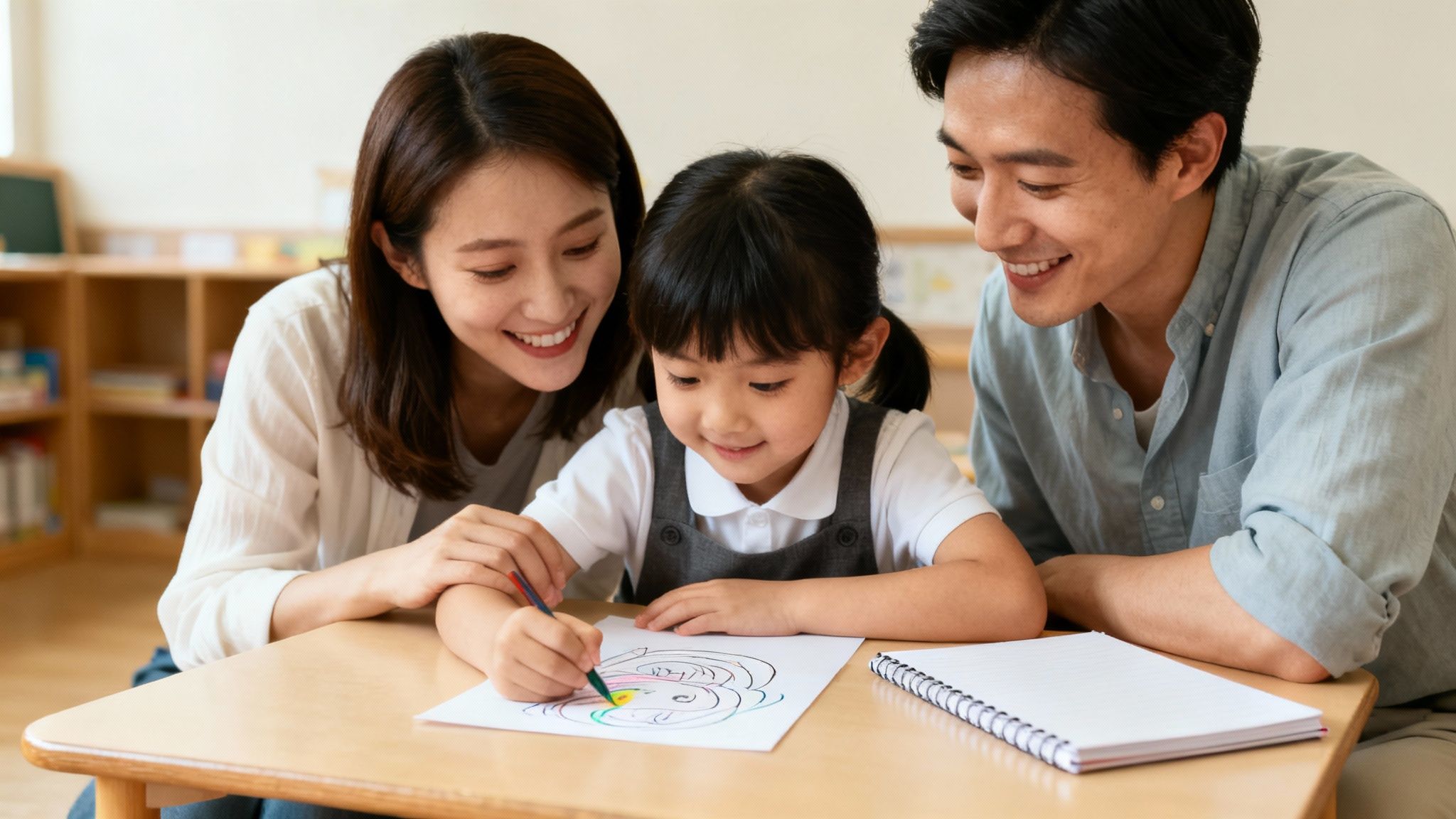 Une jeune fille asiatique sourit en coloriant, assise à une table avec ses parents souriants à ses côtés.
