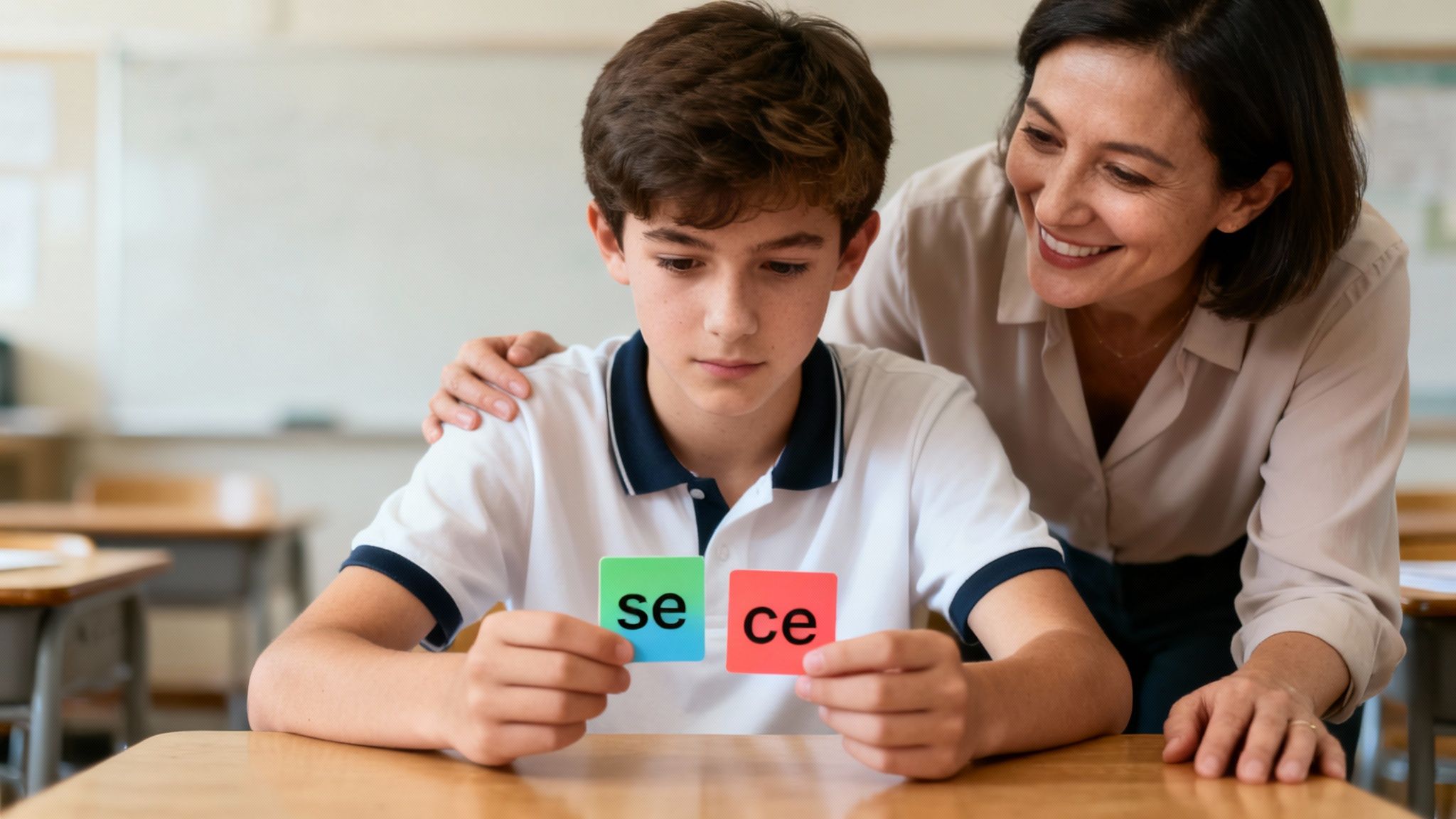 Une professeure souriante aide un élève à apprendre les homophones "se" et "ce" en classe.