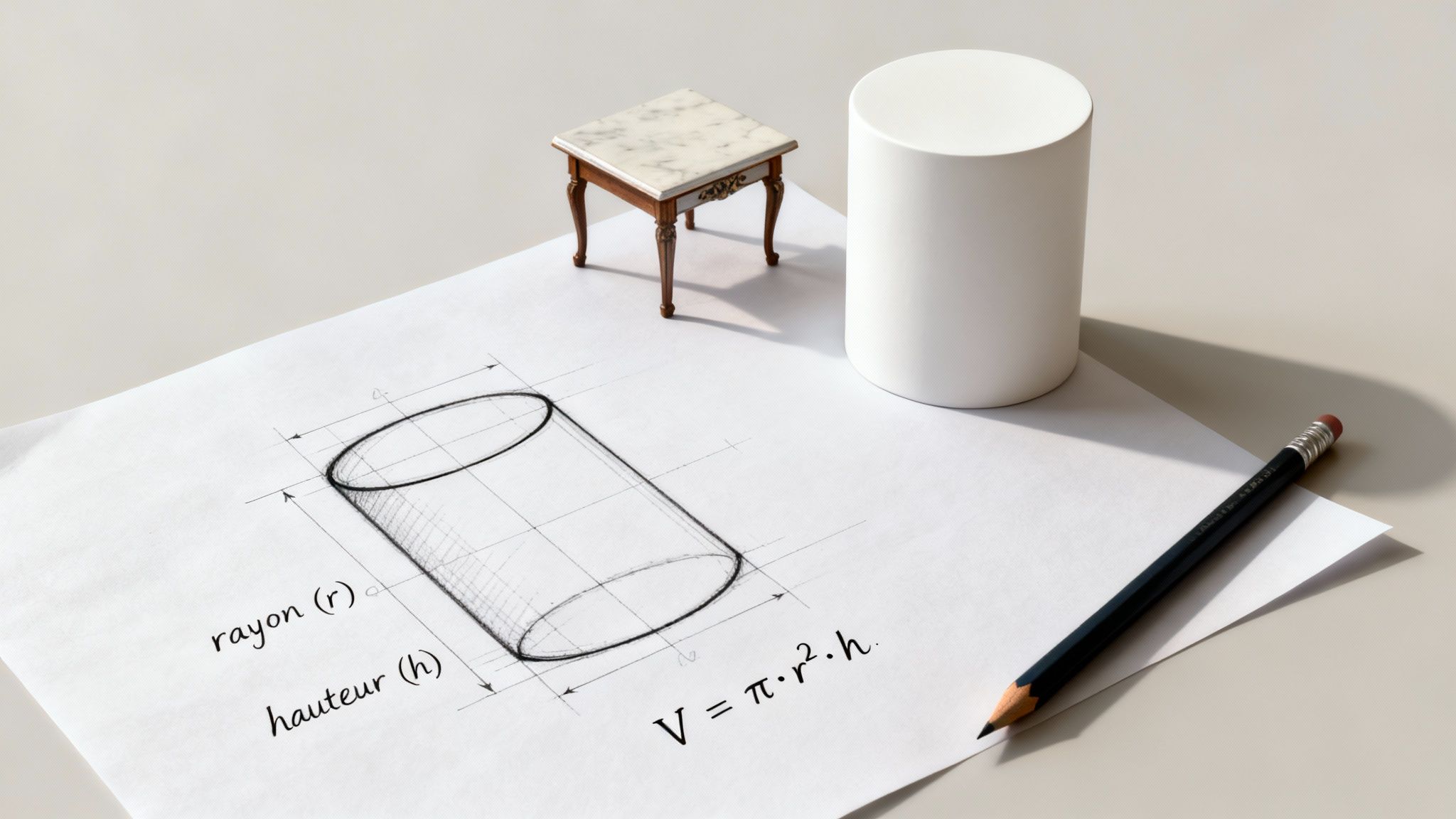 Illustration de la formule du volume d'un cylindre avec ses composants mis en évidence