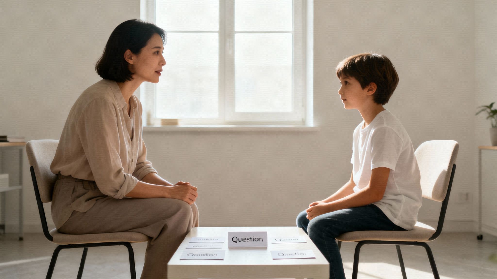 Un jeune garçon souriant participe à une entrevue d'admission en ligne.