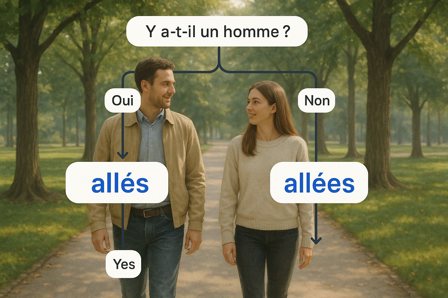 Infographie illustrant l'accord du participe passé avec des personnes dans un parc.