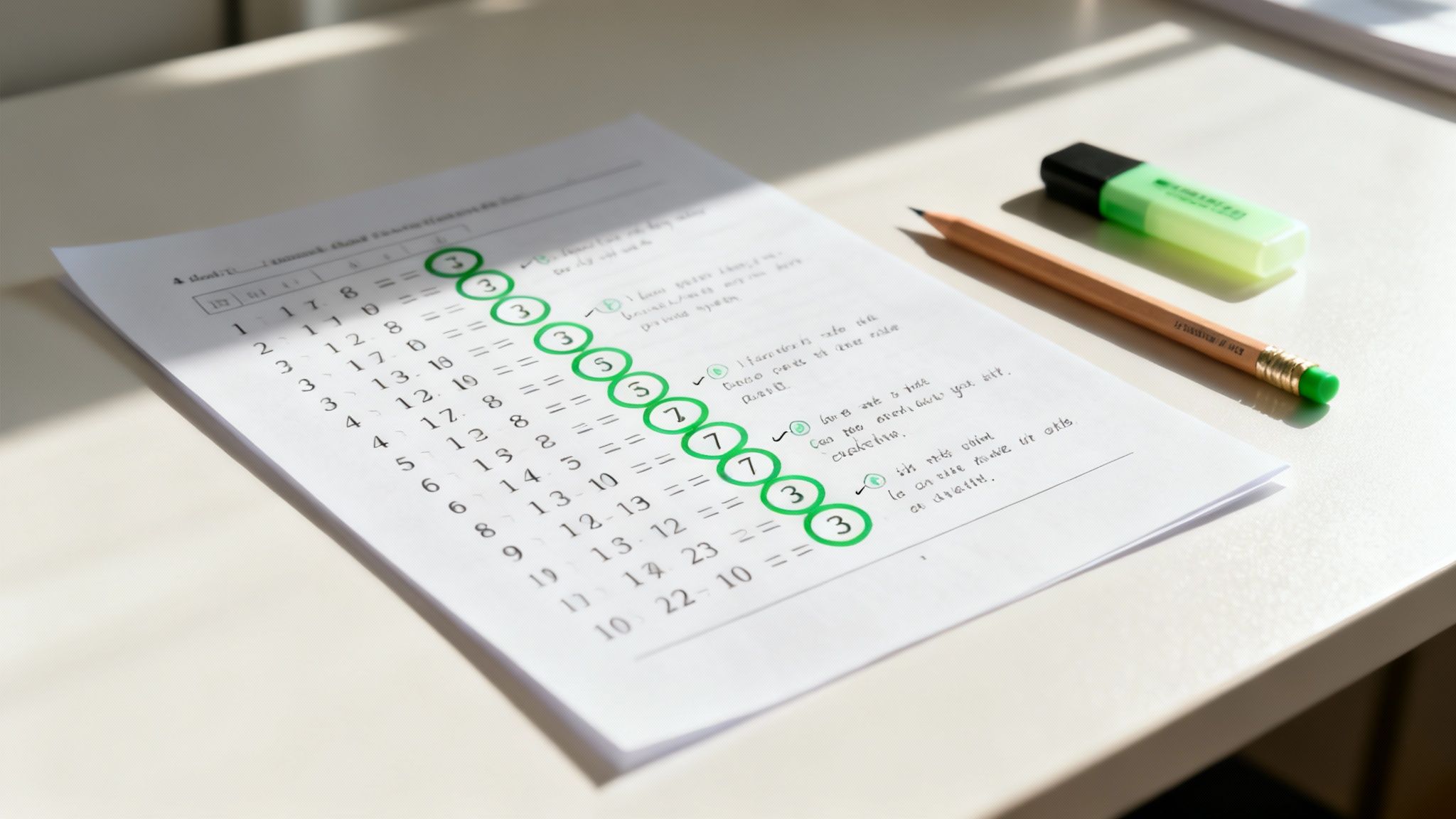 Feuille d'exercices de mathématiques avec multiples de 3 entourés en vert, crayon et surligneur