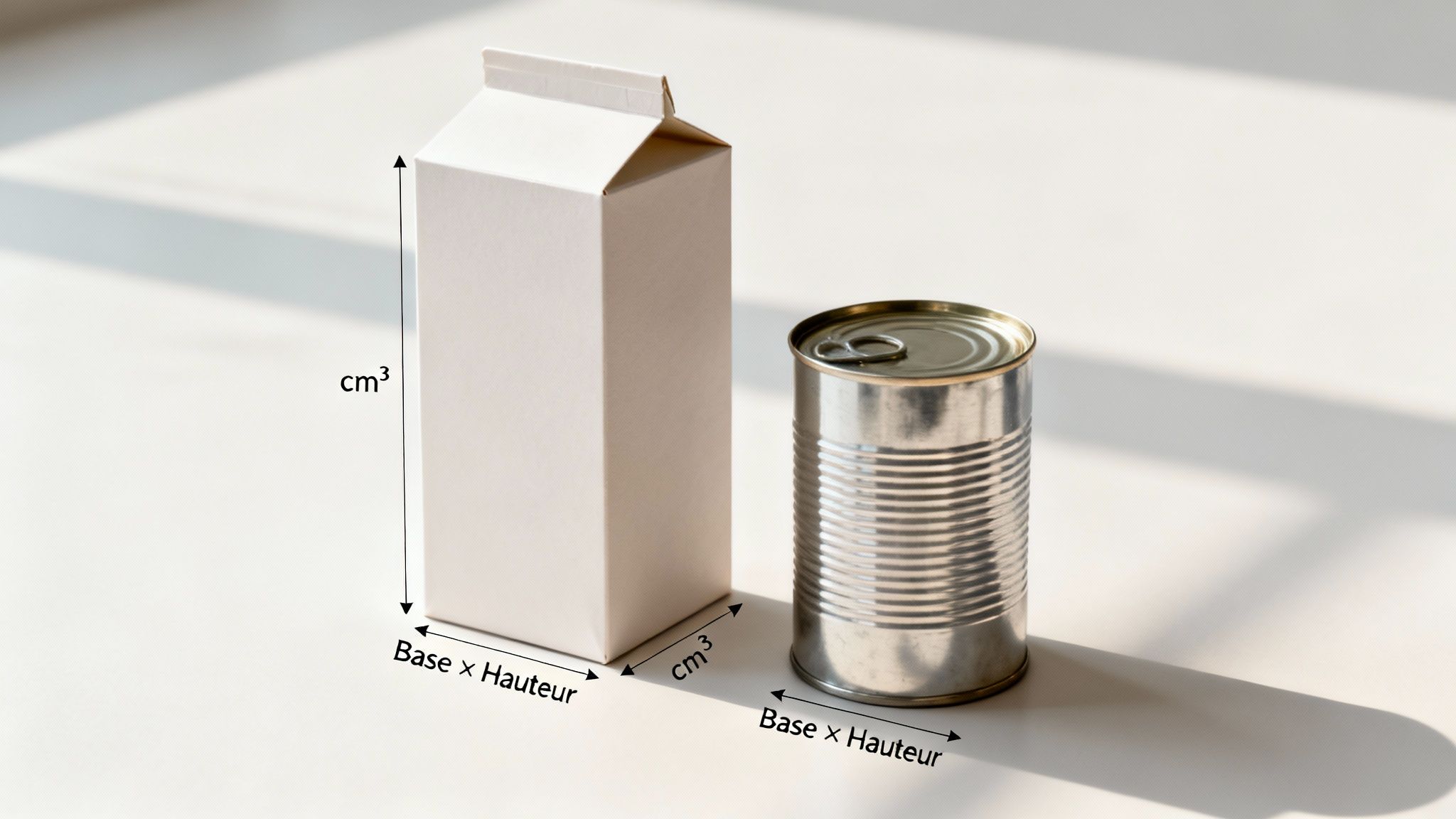 Deux objets, un carton de lait et une conserve, illustrant les formules de volume (cm³ et Base x Hauteur).