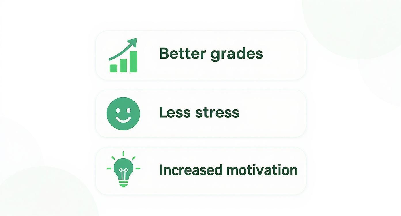 Infographie montrant les 3 bénéfices du tutorat : meilleures notes, moins de stress et motivation accrue.