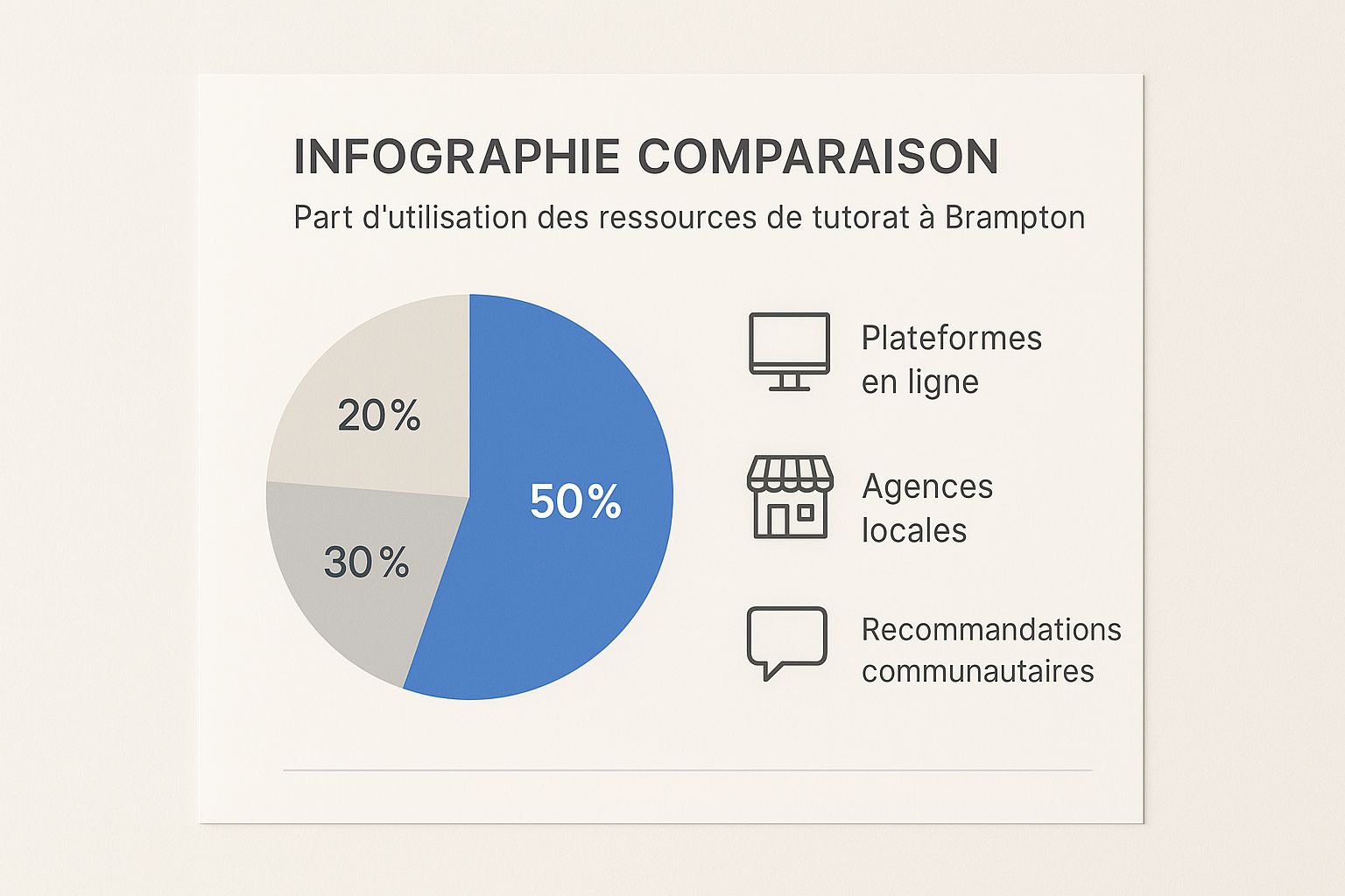 Infographie illustrant la répartition des sources de recherche de tuteurs à Brampton : 50% via les plateformes en ligne, 30% par les agences locales et 20% grâce aux recommandations.