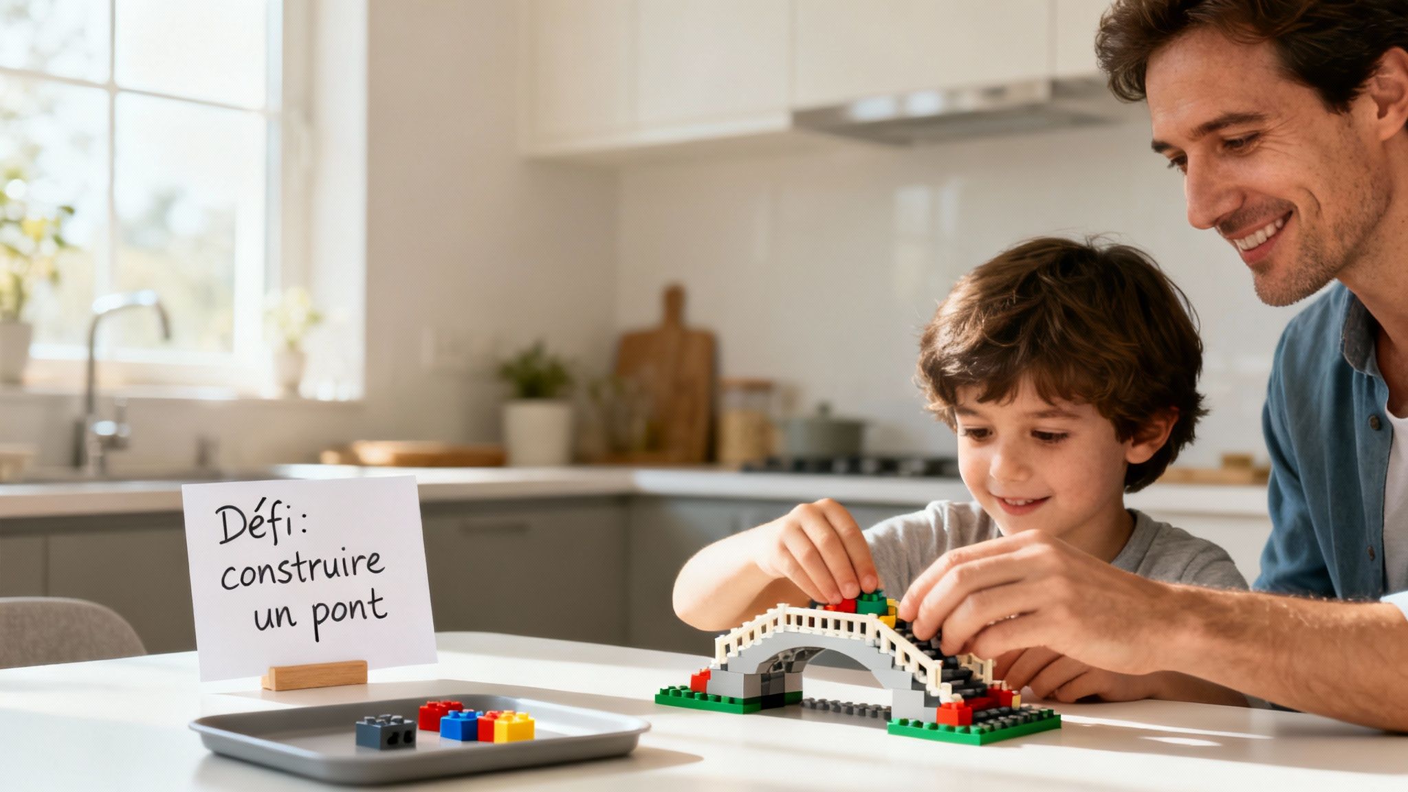Un père et son fils souriants construisent un pont en briques LEGO colorées, avec un panneau indiquant un défi.