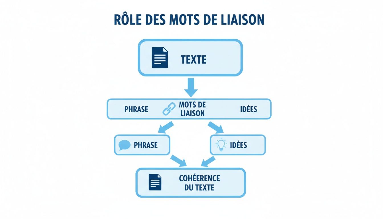 Un diagramme expliquant le rôle des mots de liaison pour relier phrases et idées, assurant ainsi la cohérence du texte.