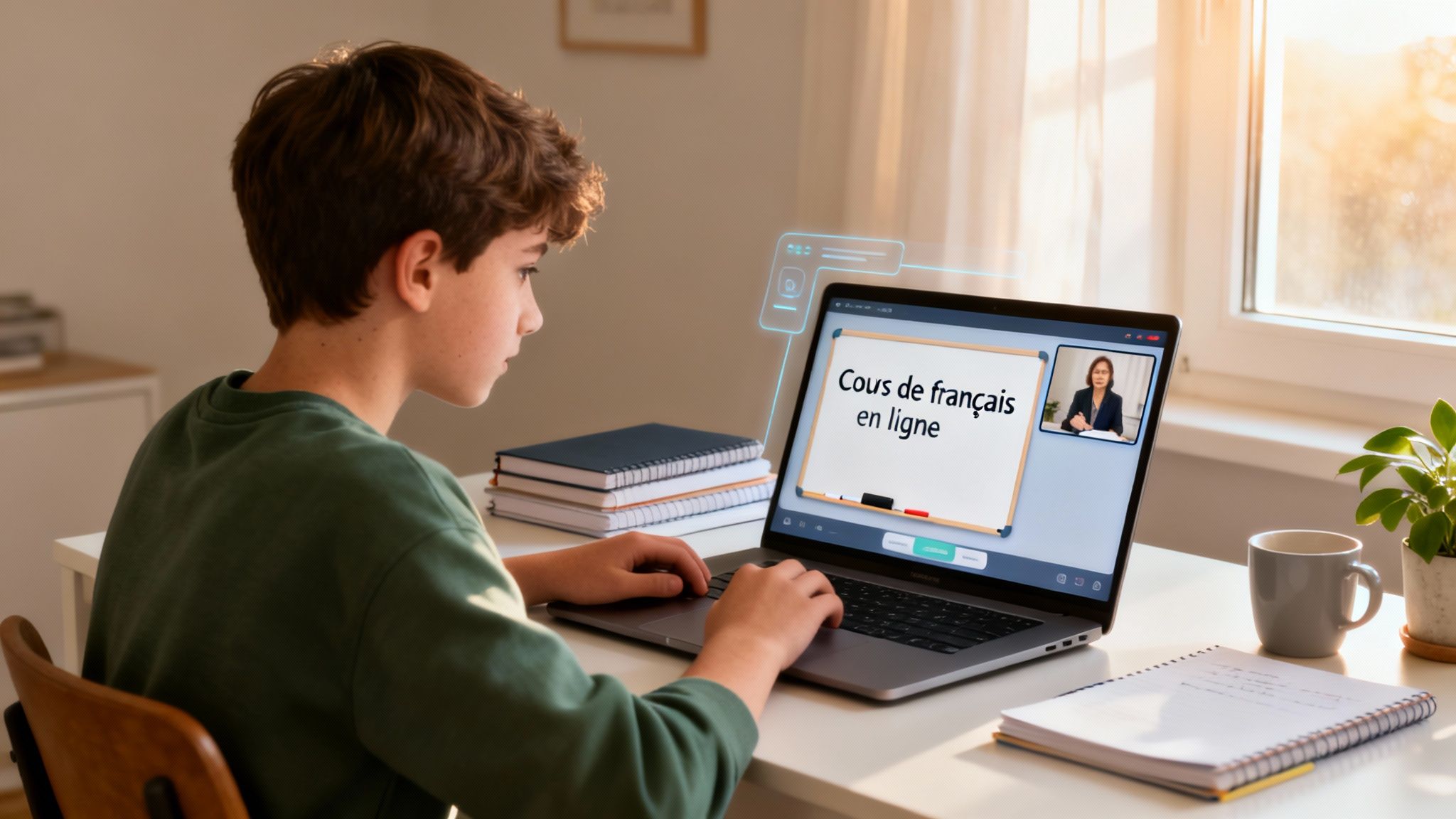 Jeune garçon concentré sur son ordinateur portable, participant à un cours de français en ligne.