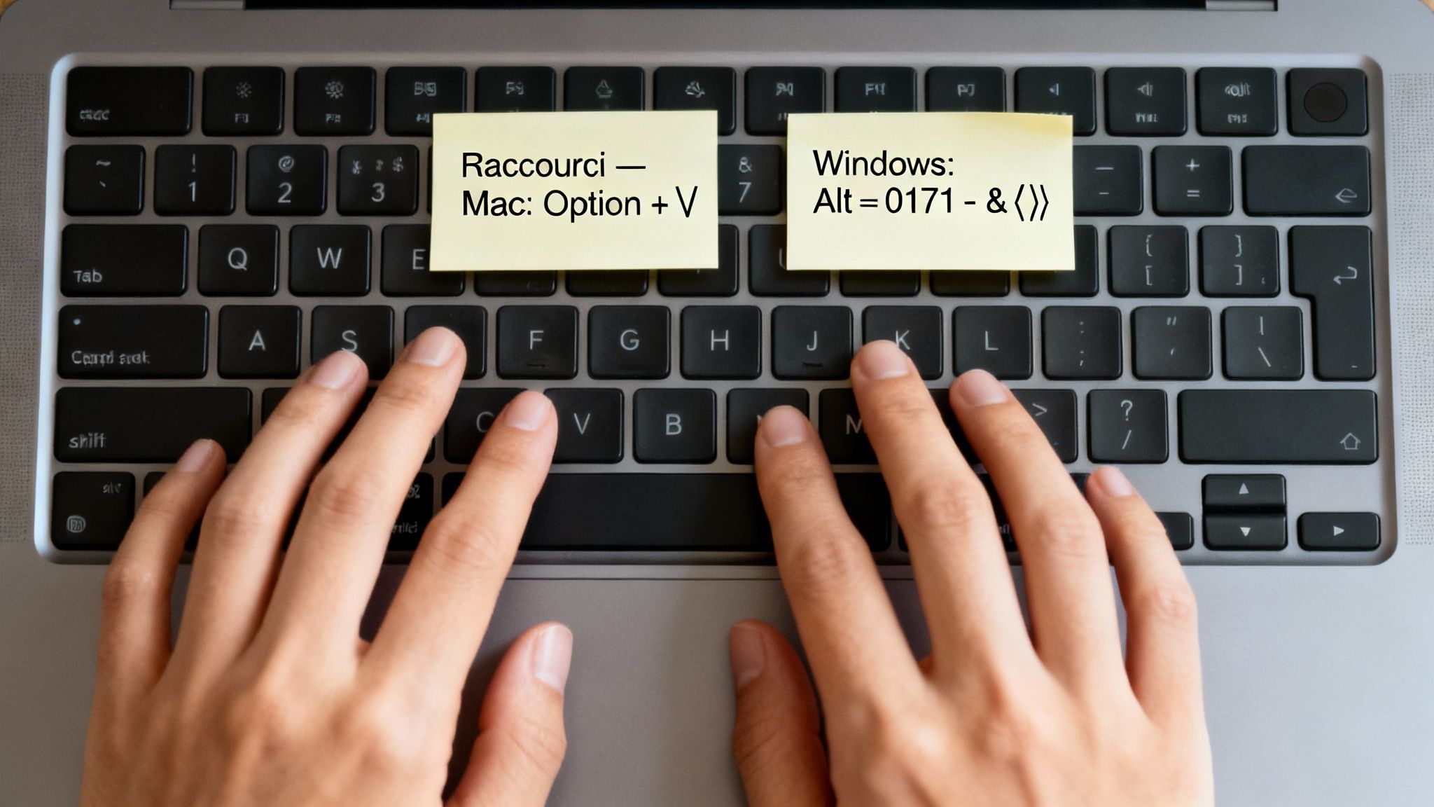 Deux mains tapant sur un clavier d'ordinateur portable avec des post-it affichant des raccourcis pour les guillemets français.