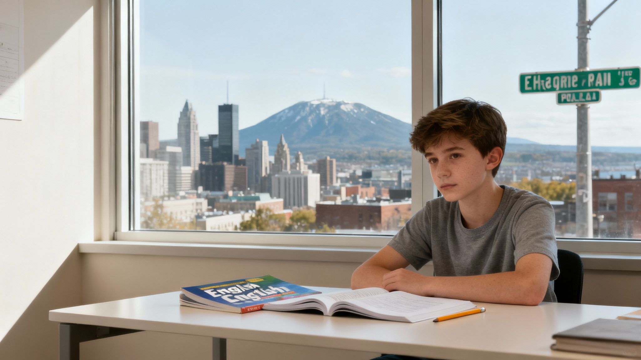 Étudiant adolescent étudiant l'anglais à son bureau avec vue sur Montréal et montagne enneigée