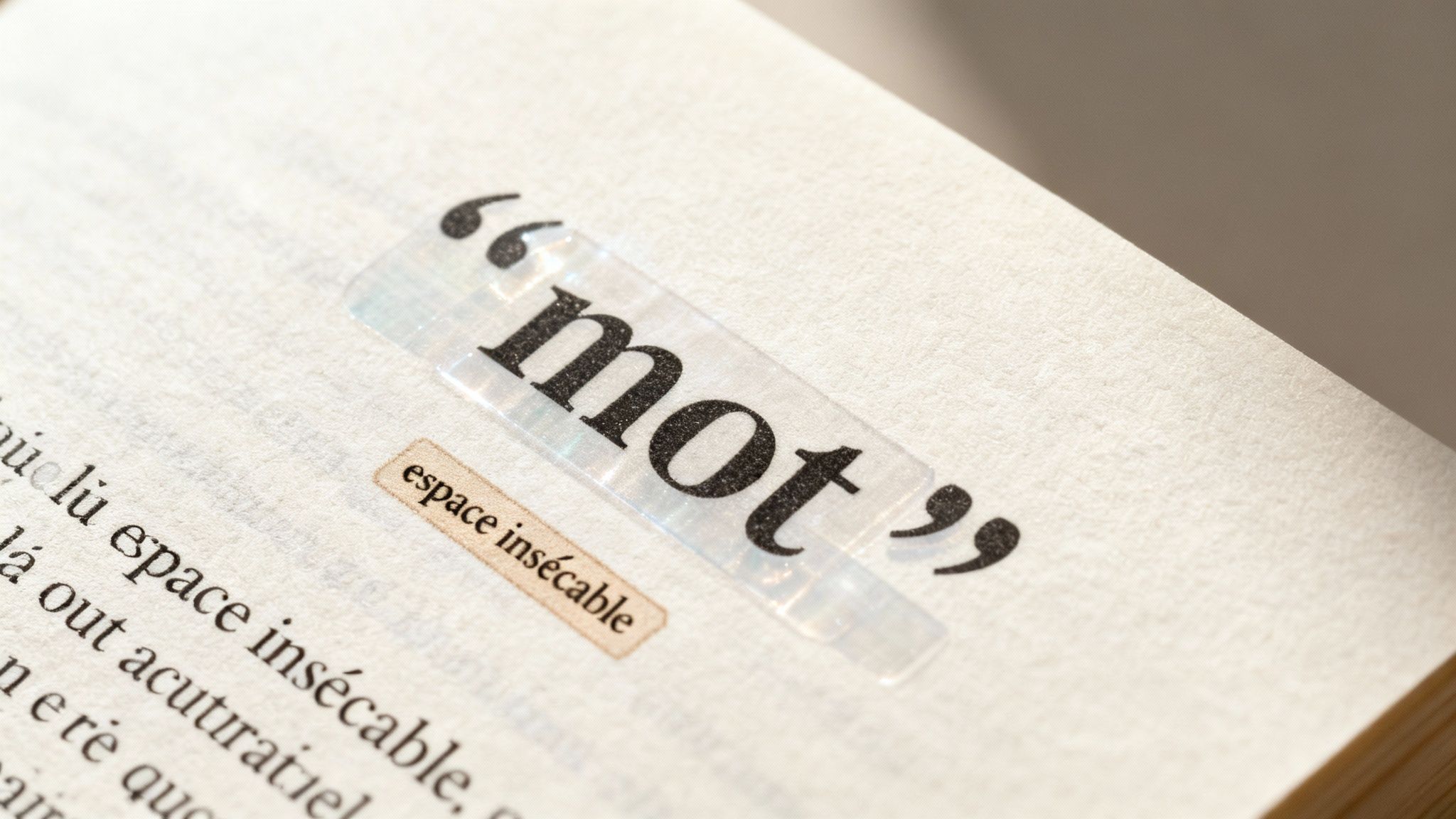 Une page de livre ouvert montrant le mot français « mot » entre guillemets, avec « espace insécable ».