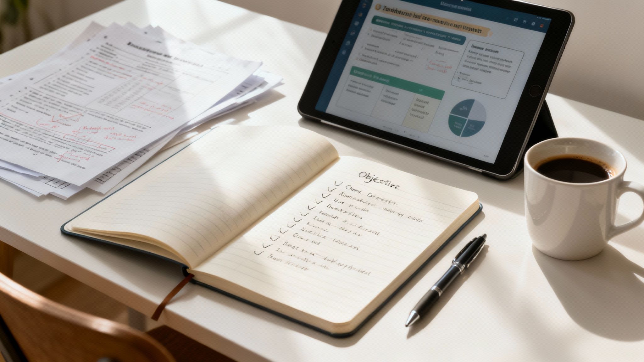 Une élève organisant ses cahiers et son ordinateur portable sur un bureau bien rangé en préparation pour une séance de tutorat.