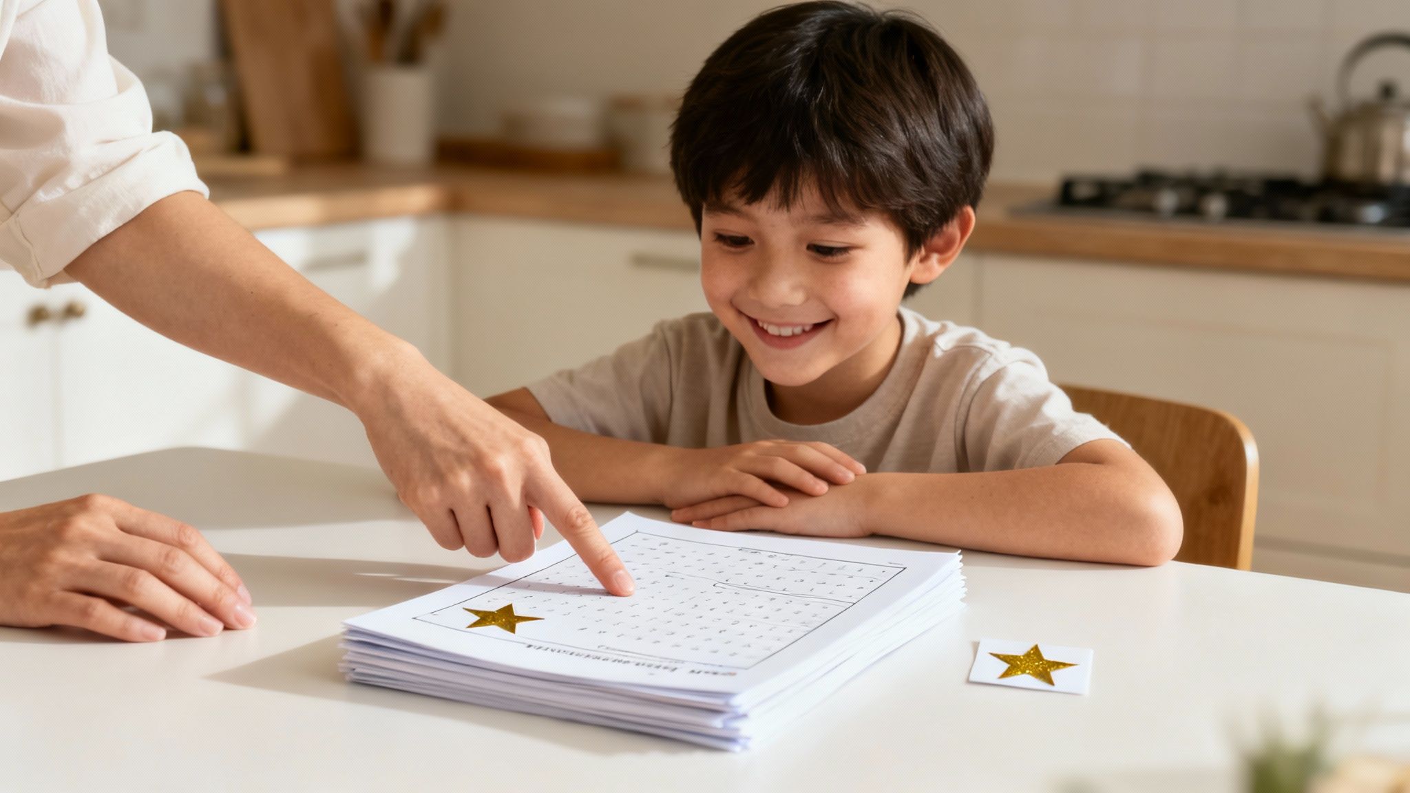 Une main adulte pointe une feuille d'exercices avec des étoiles dorées devant un enfant souriant, favorisant l'apprentissage.