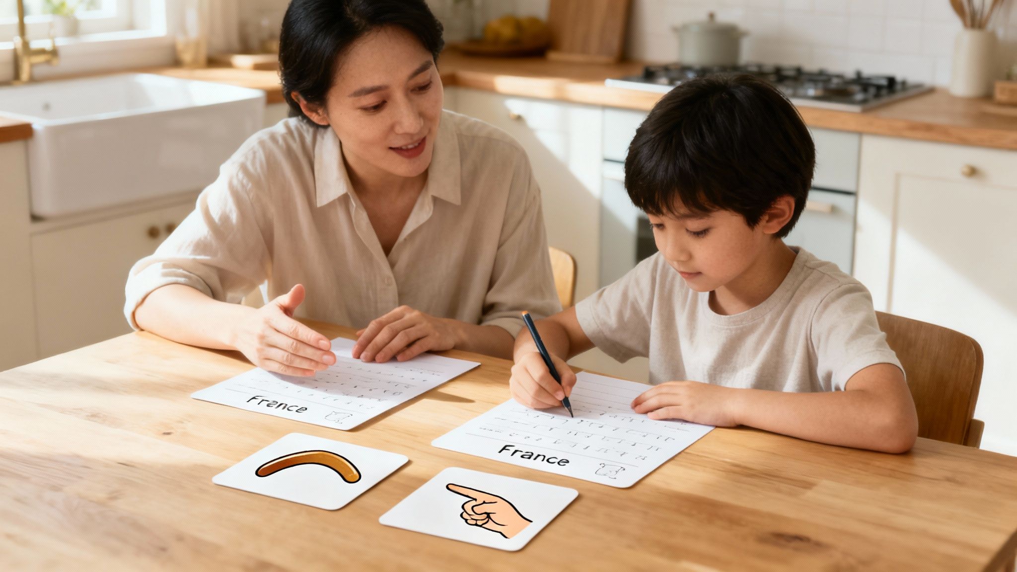 Mère et fils apprennent le français ensemble, pratiquant l'écriture avec des cartes éducatives.