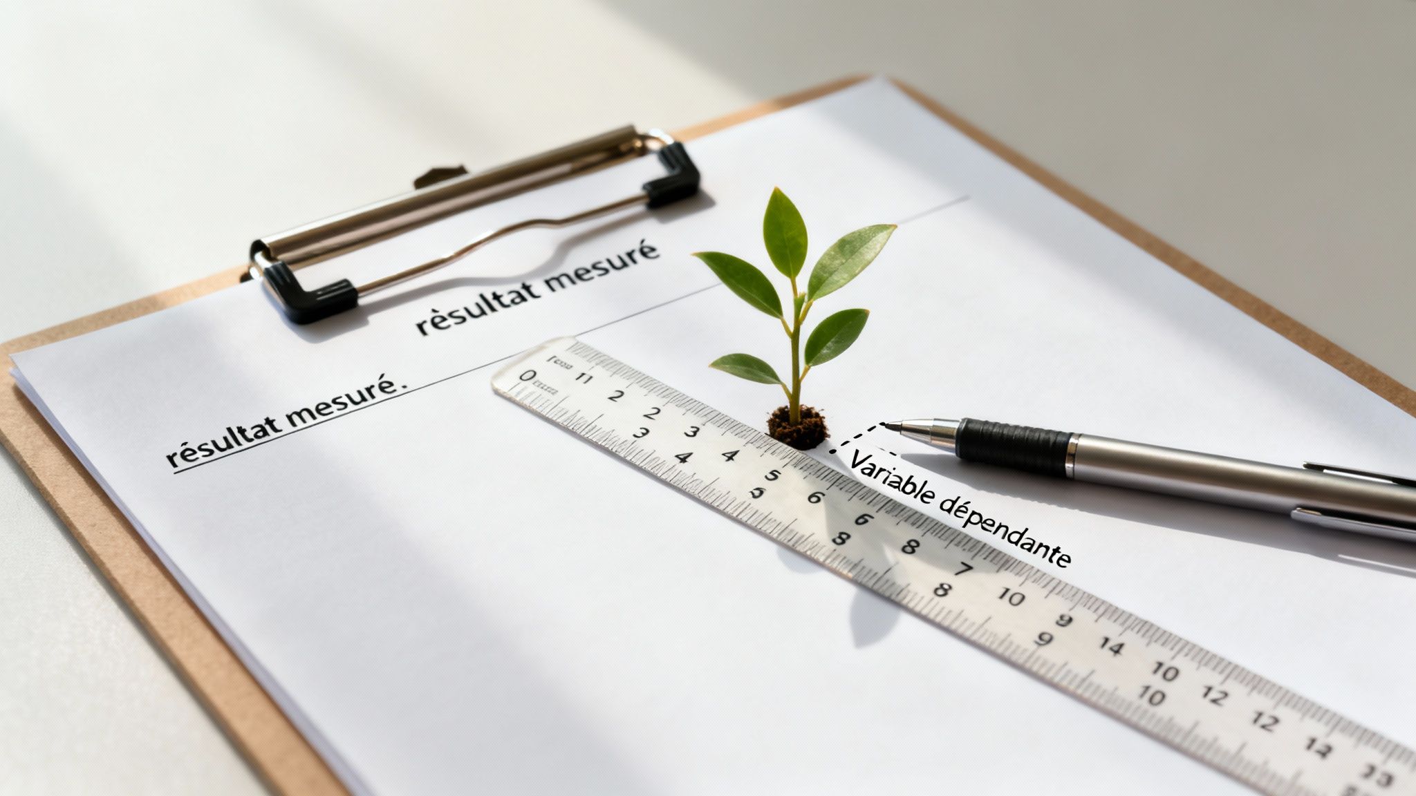 Un tableau de bord avec un plant mesuré par une règle, un stylo et du texte scientifique.