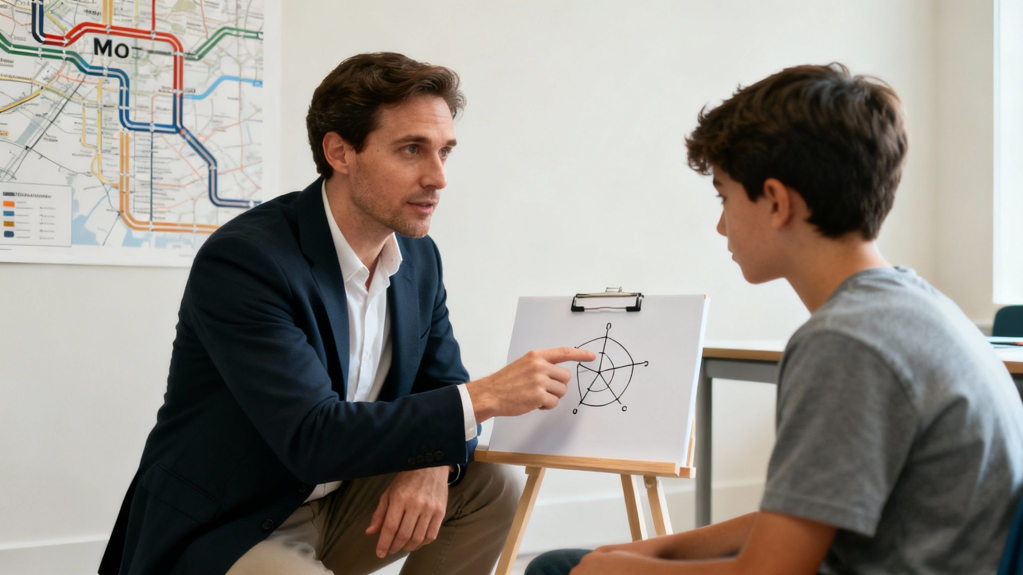 Un tuteur explique un concept scientifique à un jeune élève sur un tableau blanc