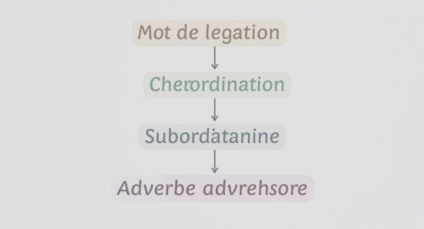 Diagramme de flux linguistique montrant quatre concepts interconnectés : Mot de legation, Cherordination, Subordàtanine et Adverbe advrehsore.