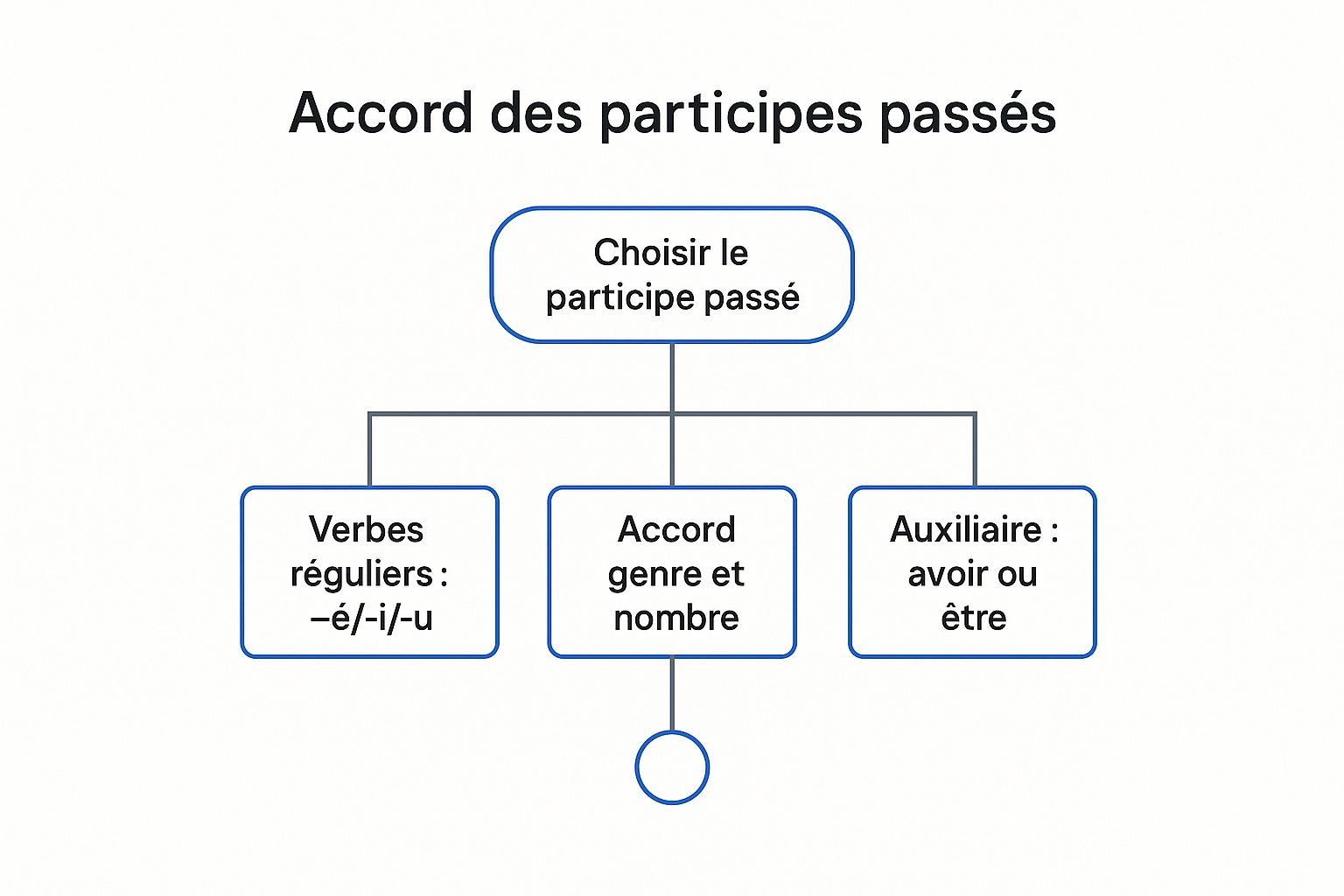 Infographie montrant un diagramme décisionnel pour l'accord du participe passé, avec les étapes de choix de l'auxiliaire, de la forme du verbe et de l'accord en genre et en nombre.