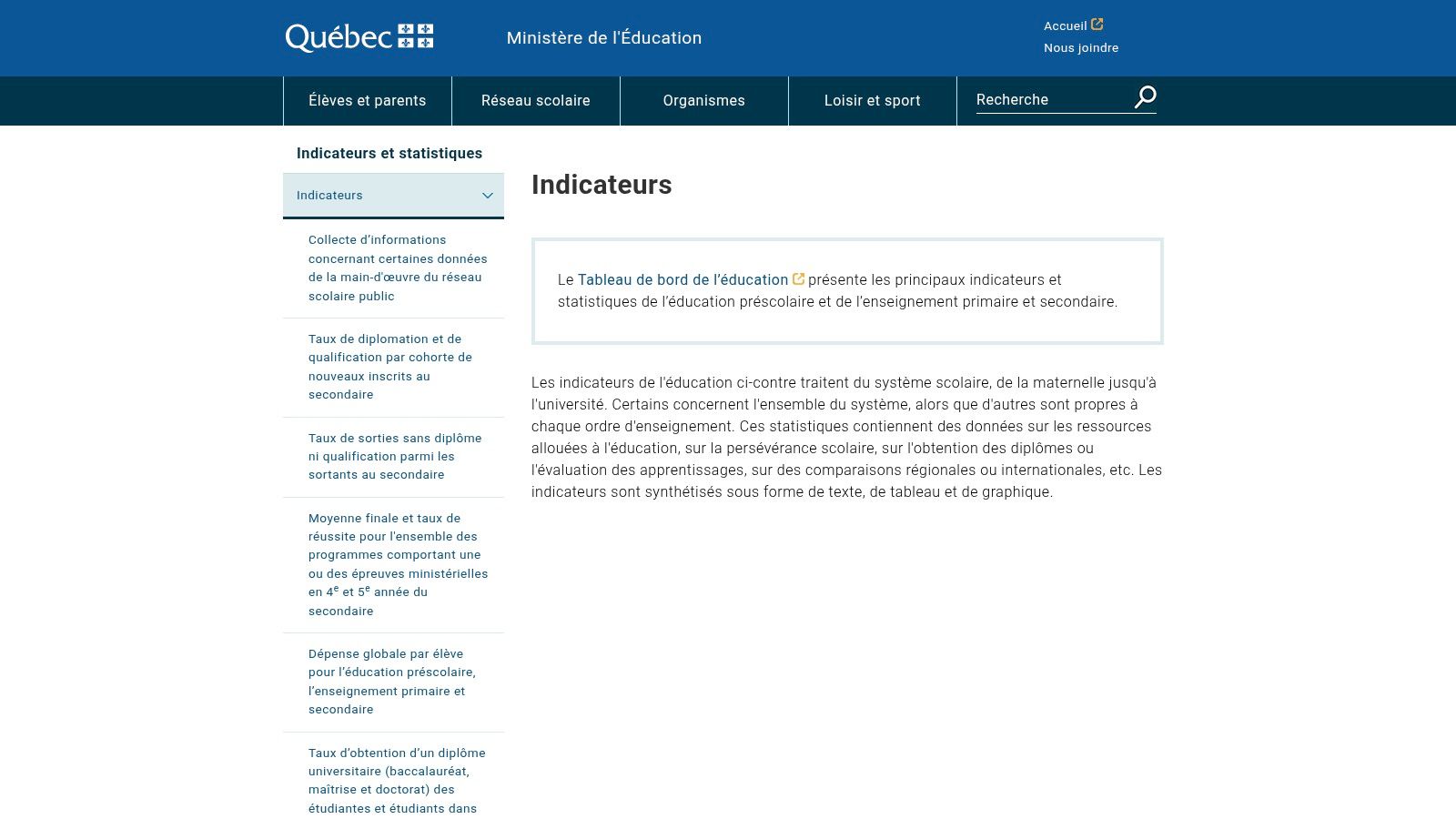 Ministère de l’Éducation (MEQ) – Indicateurs et statistiques