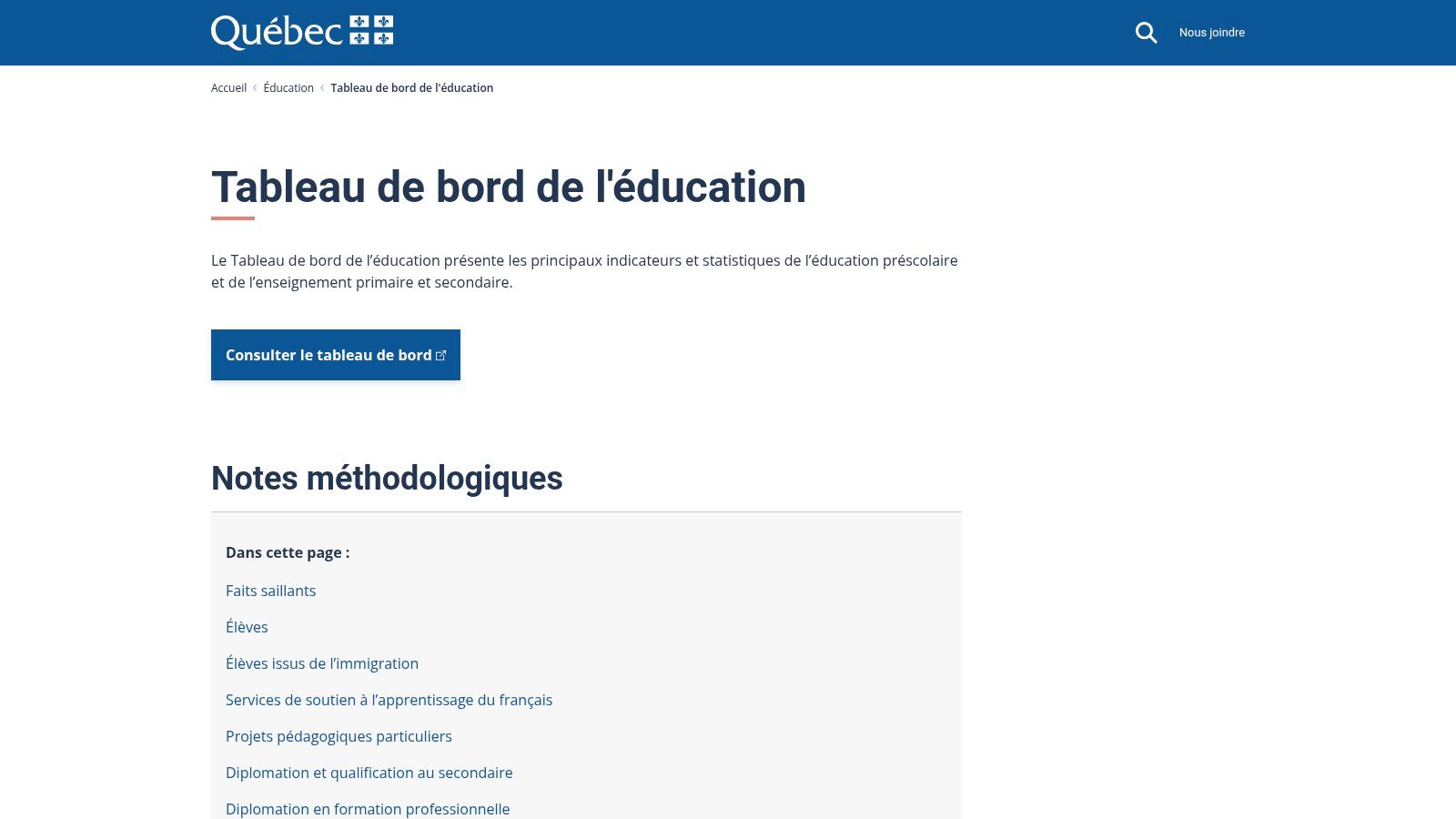 Gouvernement du Québec – Tableau de bord de l’éducation (indicateurs officiels)