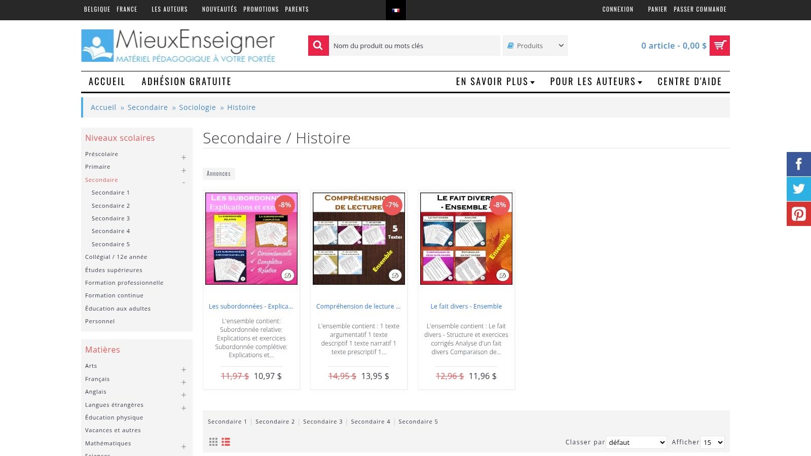MieuxEnseigner (marketplace enseignants) – Section « Secondaire/Histoire »