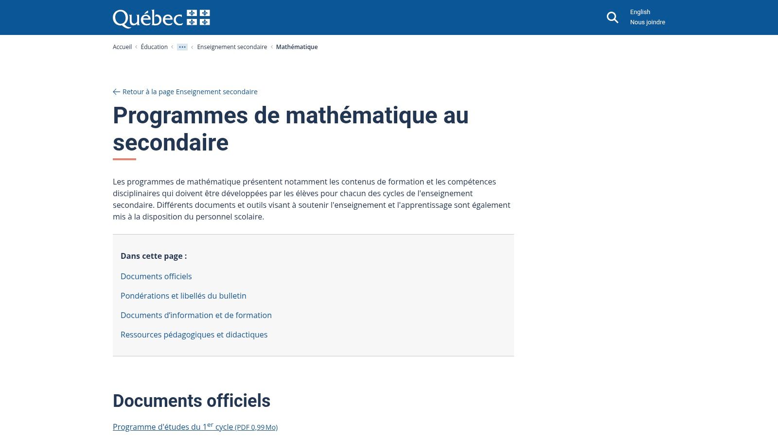 Gouvernement du Québec – Programmes de math au secondaire